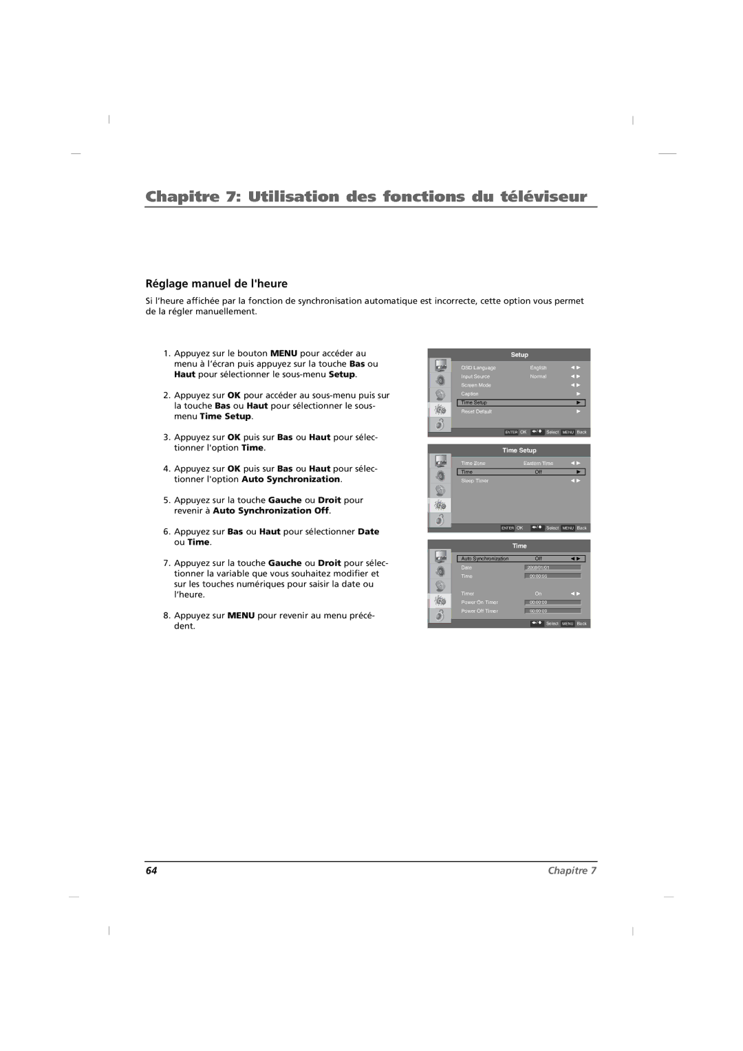 RCA J26HE820, J32HE720, J42HE820 manual Réglage manuel de lheure 