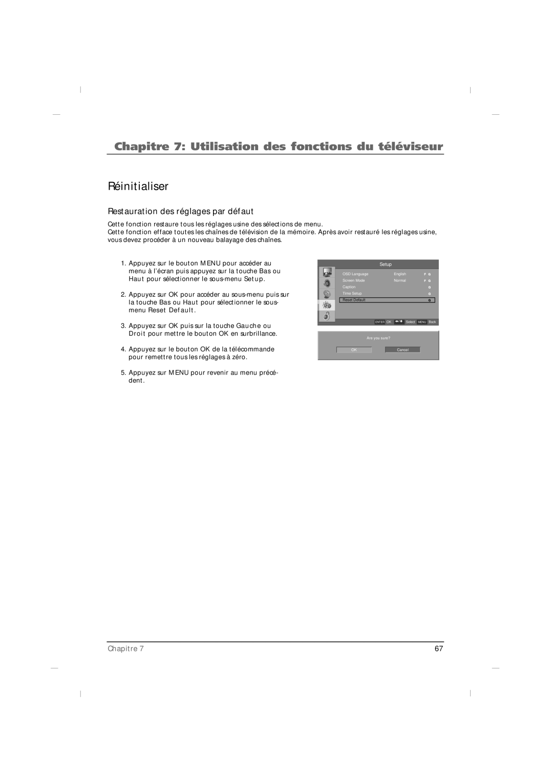 RCA J26HE820, J32HE720, J42HE820 manual Réinitialiser, Restauration des réglages par défaut 