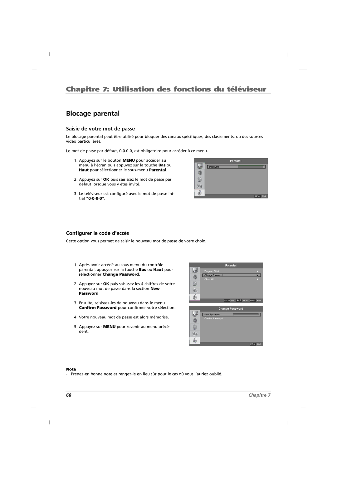 RCA J32HE720, J42HE820, J26HE820 manual Blocage parental, Saisie de votre mot de passe, Configurer le code daccès 