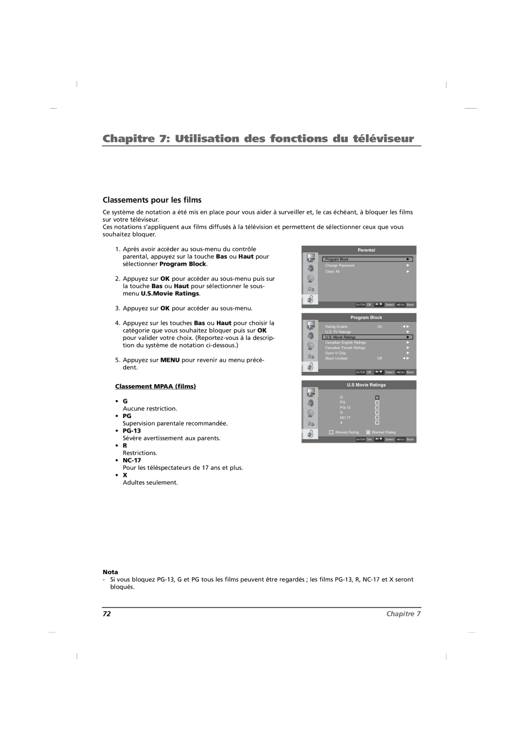 RCA J42HE820, J32HE720, J26HE820 manual Classements pour les films, Classement Mpaa films, Restrictions NC-17 