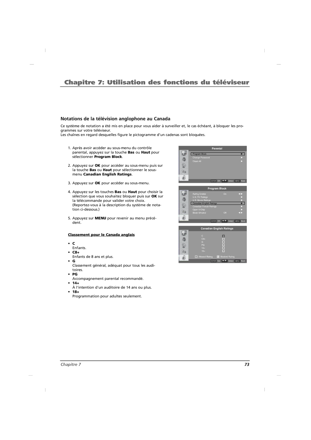 RCA J26HE820, J32HE720 manual Notations de la télévision anglophone au Canada, Classement pour le Canada anglais Enfants C8+ 