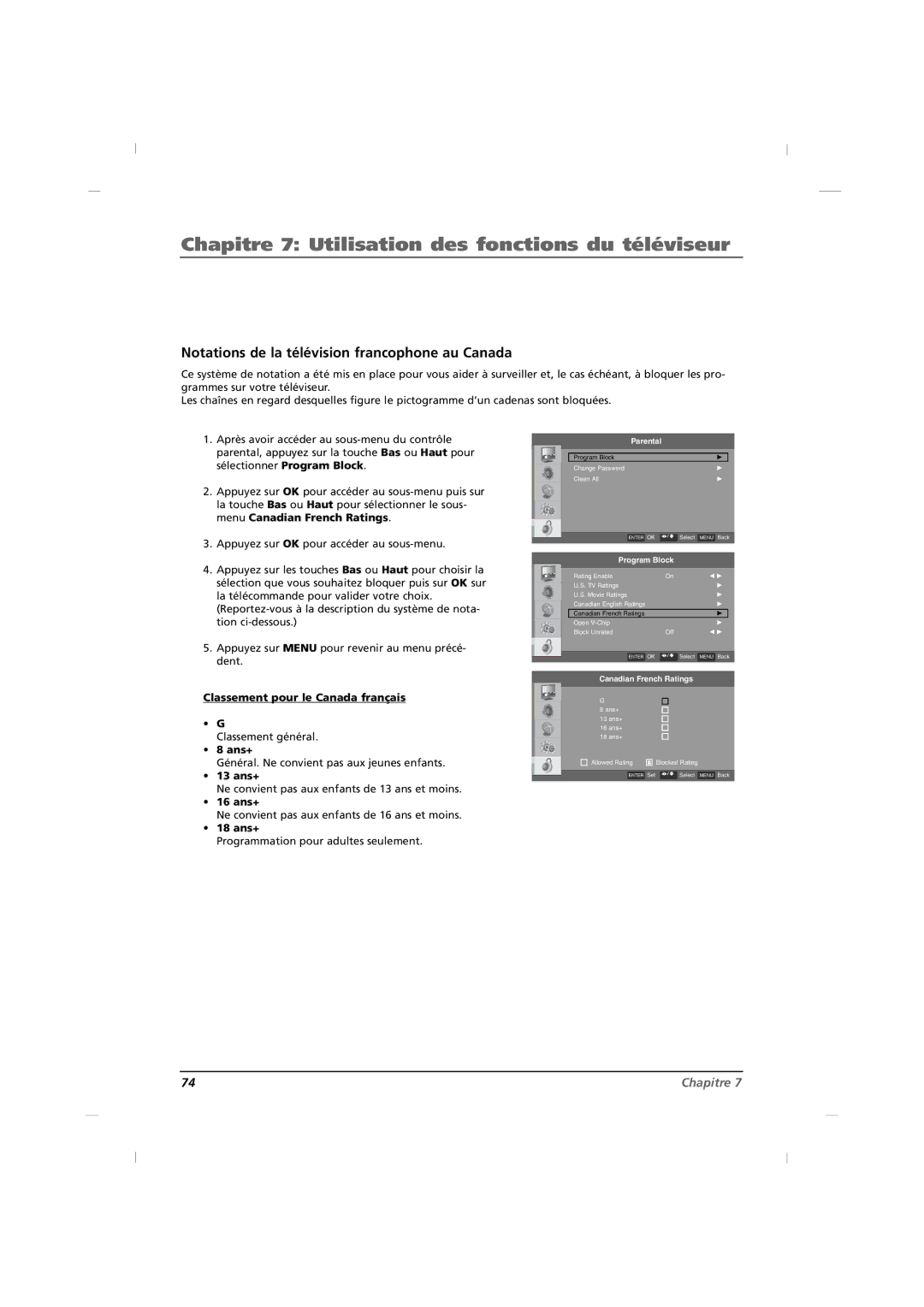 RCA J32HE720, J42HE820, J26HE820 manual Notations de la télévision francophone au Canada, Classement pour le Canada français 