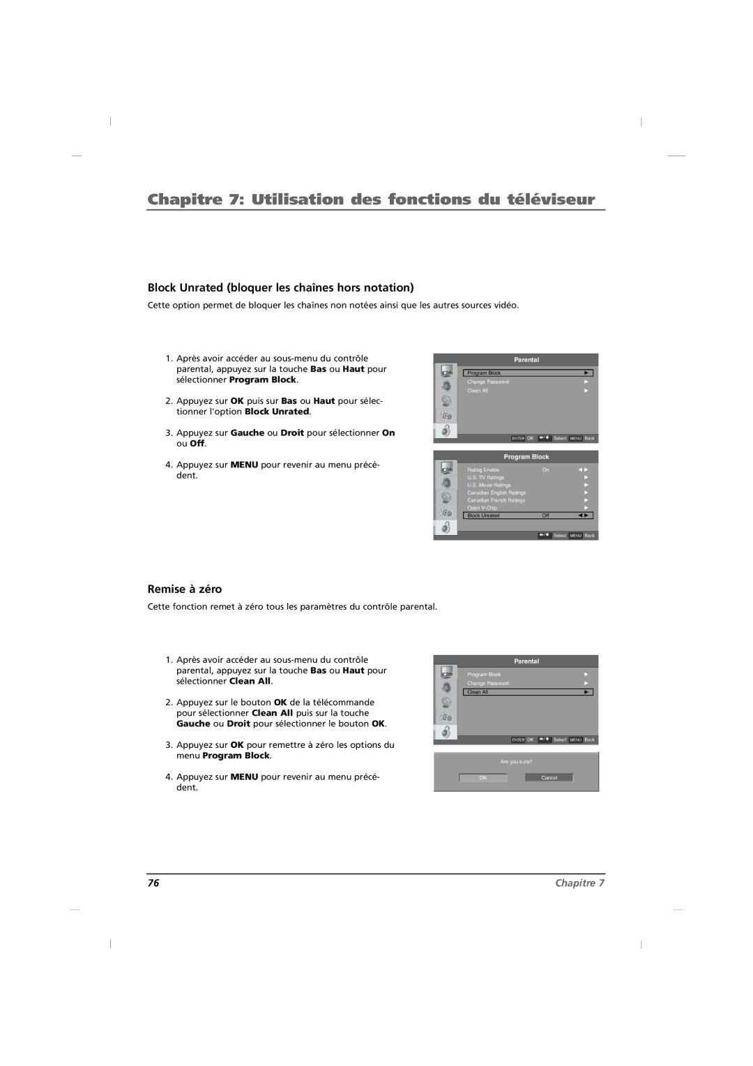 RCA J26HE820, J32HE720, J42HE820 manual Block Unrated bloquer les chaînes hors notation, Remise à zéro 