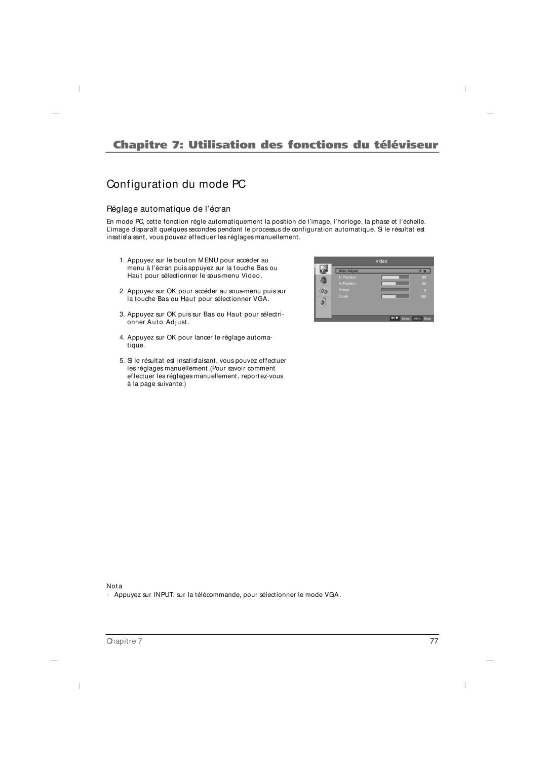 RCA J32HE720, J42HE820, J26HE820 manual Configuration du mode PC, Réglage automatique de l’écran 