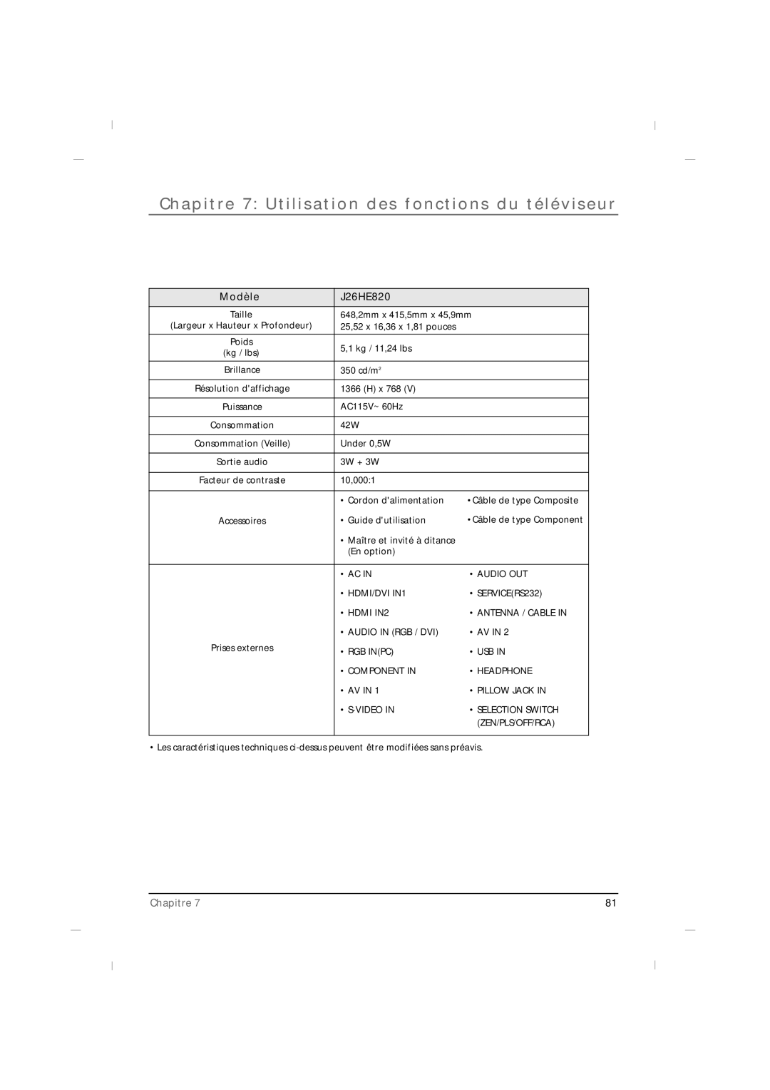 RCA J42HE820, J32HE720 manual Modèle J26HE820 