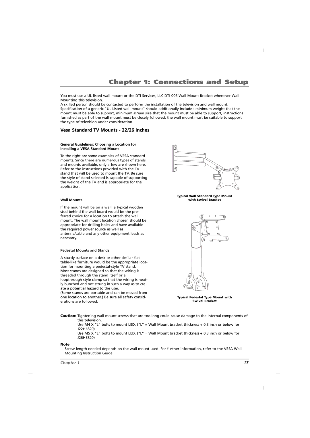 RCA J26HE820, J32HE720, J42HE820 manual Vesa Standard TV Mounts 22/26 inches, Wall Mounts, Pedestal Mounts and Stands 