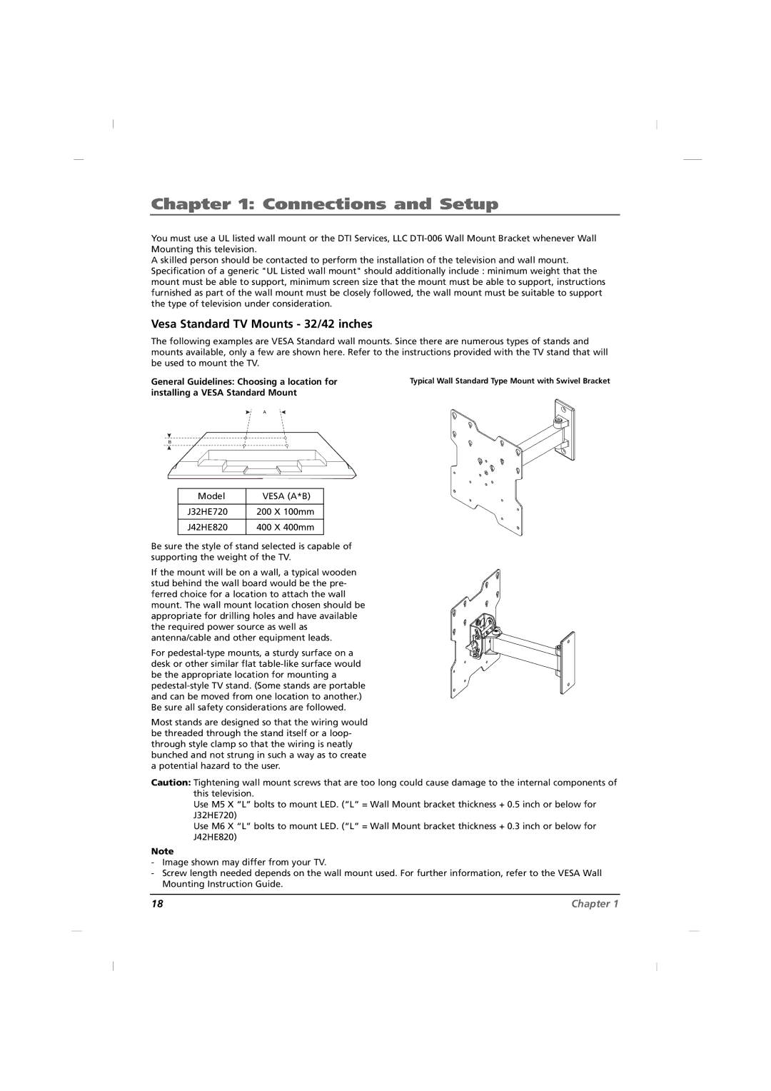 RCA J32HE720, J42HE820, J26HE820 manual Vesa Standard TV Mounts 32/42 inches, General Guidelines Choosing a location for 