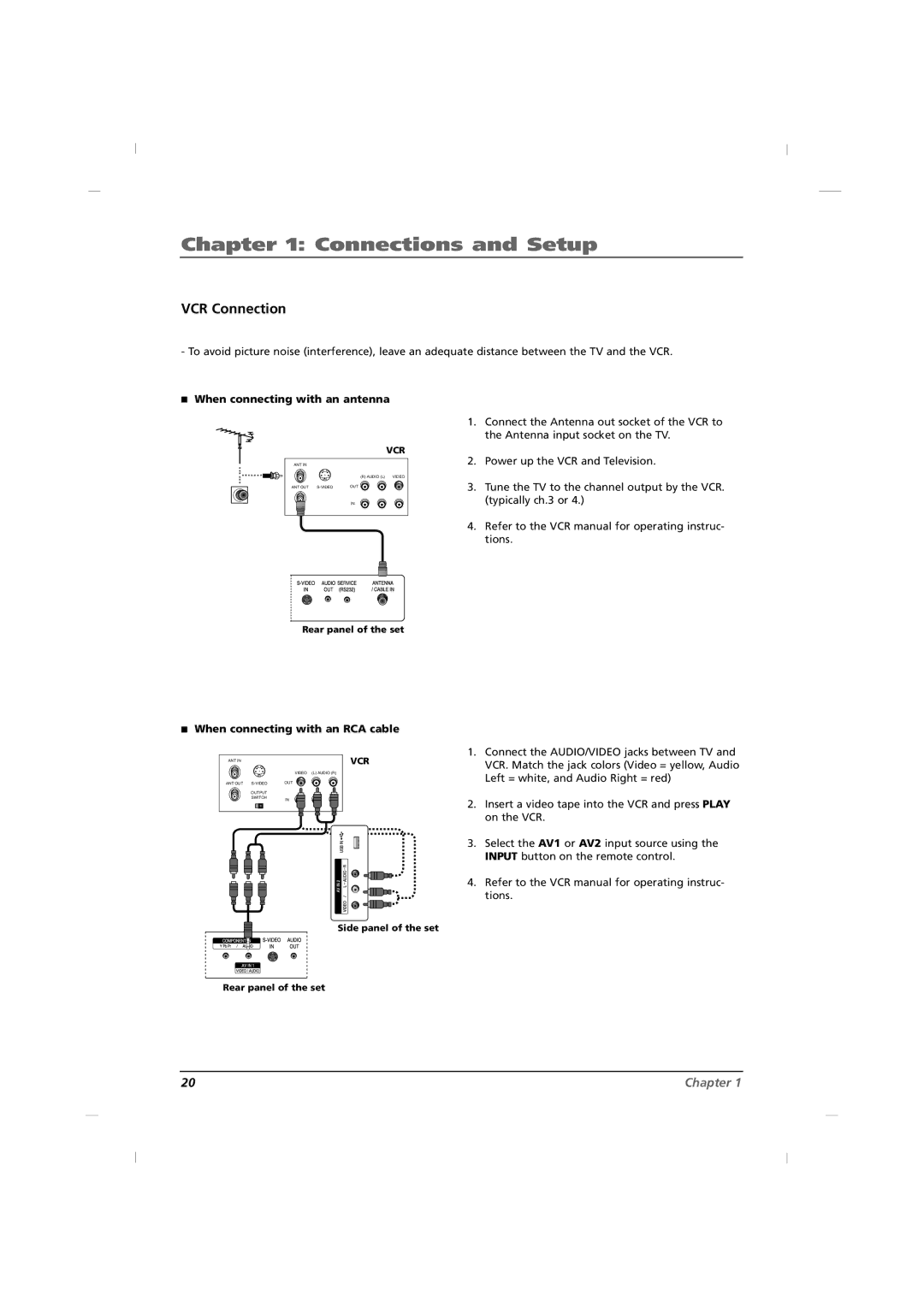 RCA J26HE820, J32HE720, J42HE820 manual VCR Connection, When connecting with an antenna, When connecting with an RCA cable 