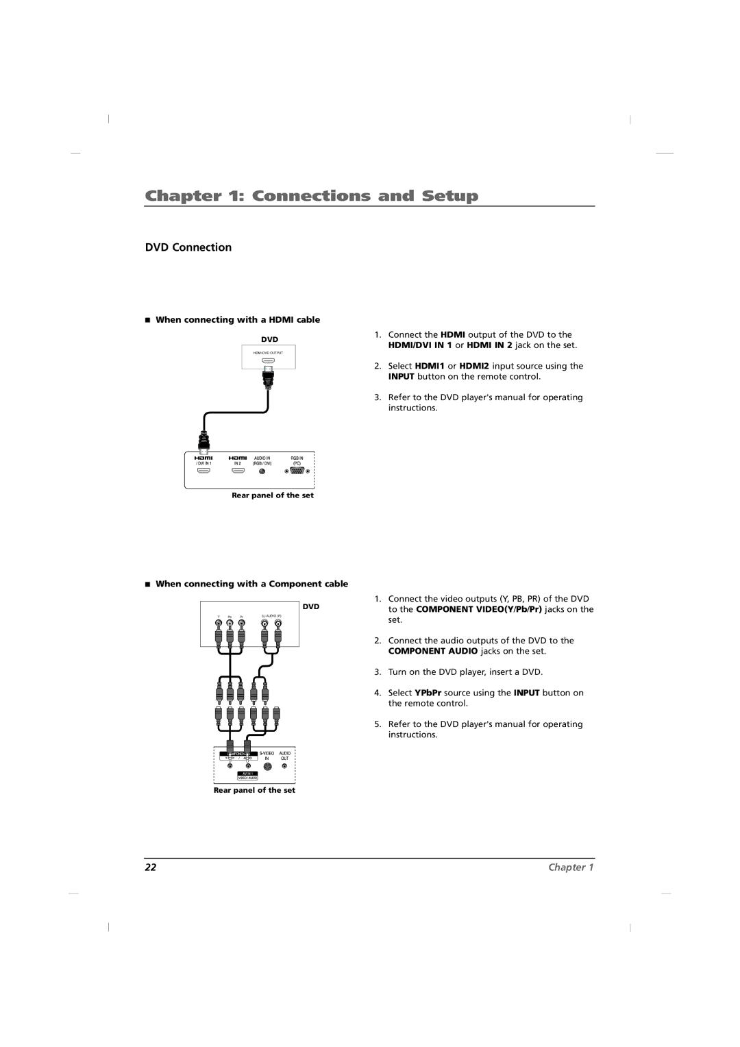 RCA J42HE820, J32HE720, J26HE820 DVD Connection, When connecting with a Hdmi cable, When connecting with a Component cable 