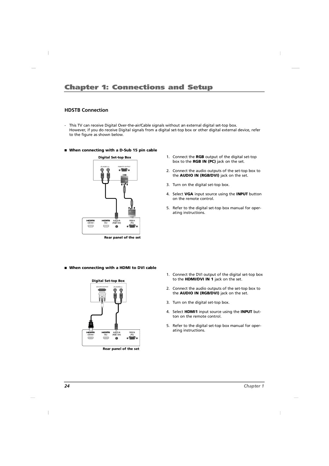 RCA J32HE720 manual Hdstb Connection, When connecting with a D-Sub 15 pin cable, When connecting with a Hdmi to DVI cable 