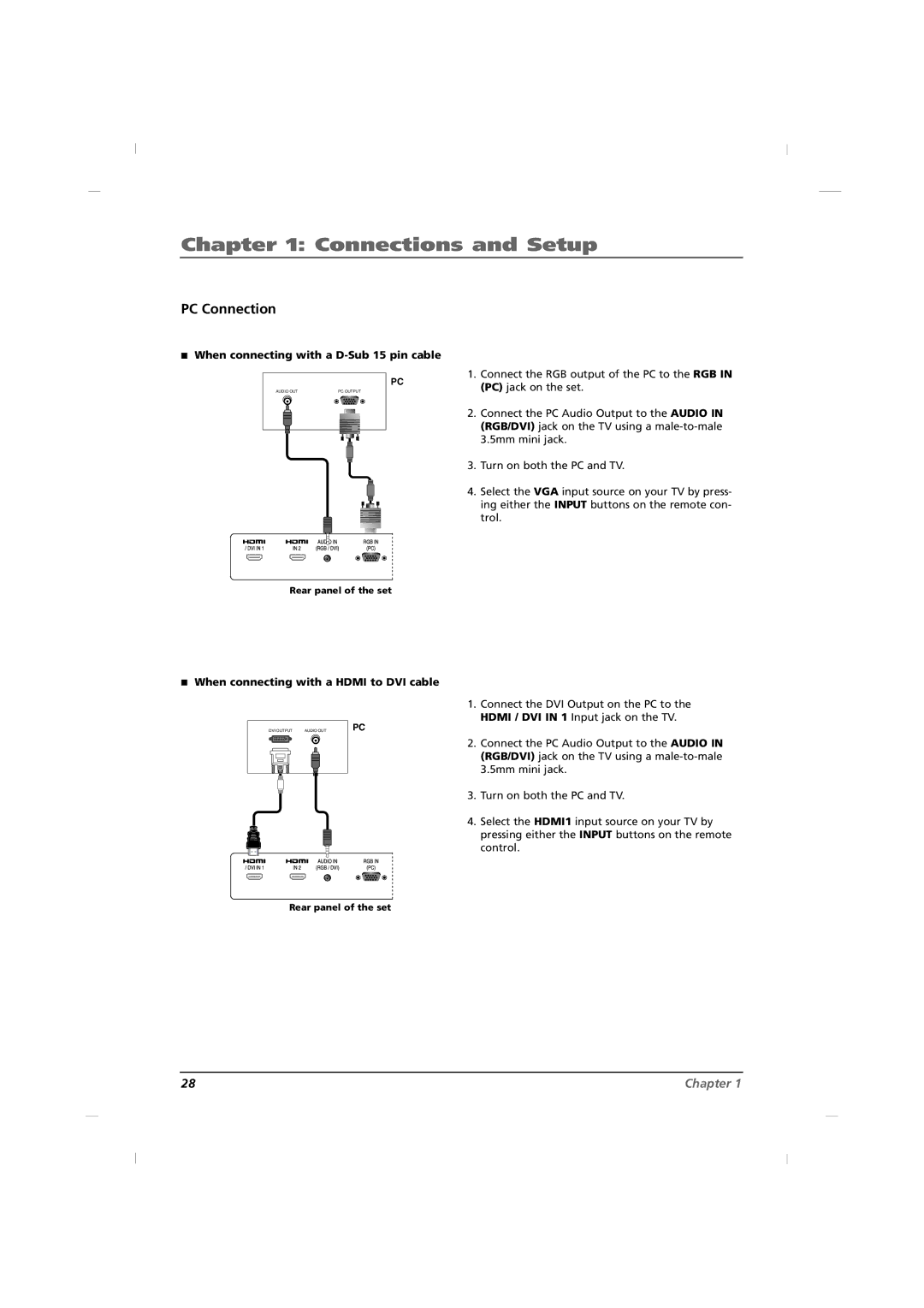 RCA J42HE820, J32HE720, J26HE820 manual PC Connection, When connecting with a D-Sub 15 pin cable 