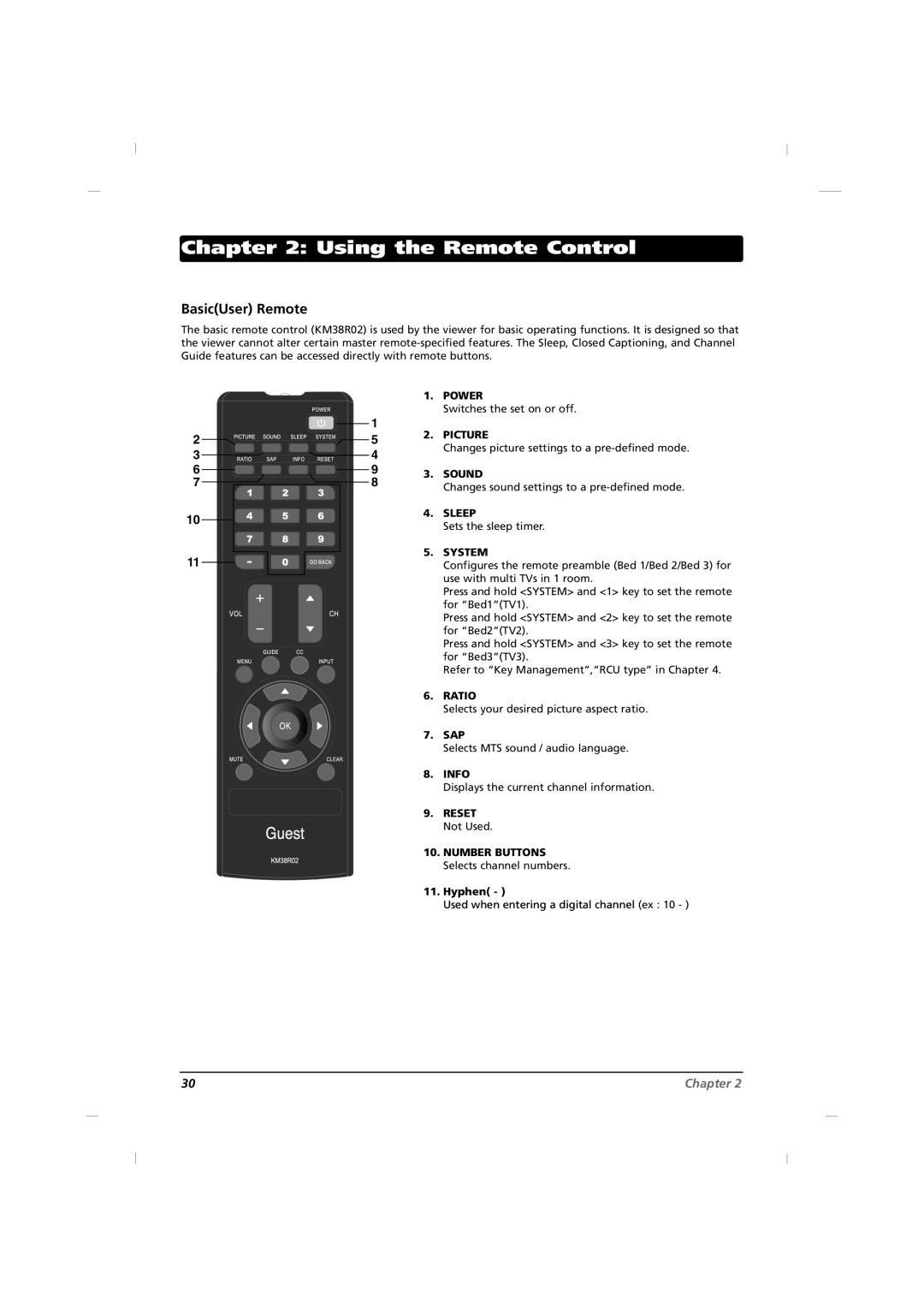 RCA J32HE720, J42HE820, J26HE820 manual Using the Remote Control, BasicUser Remote, Sap 