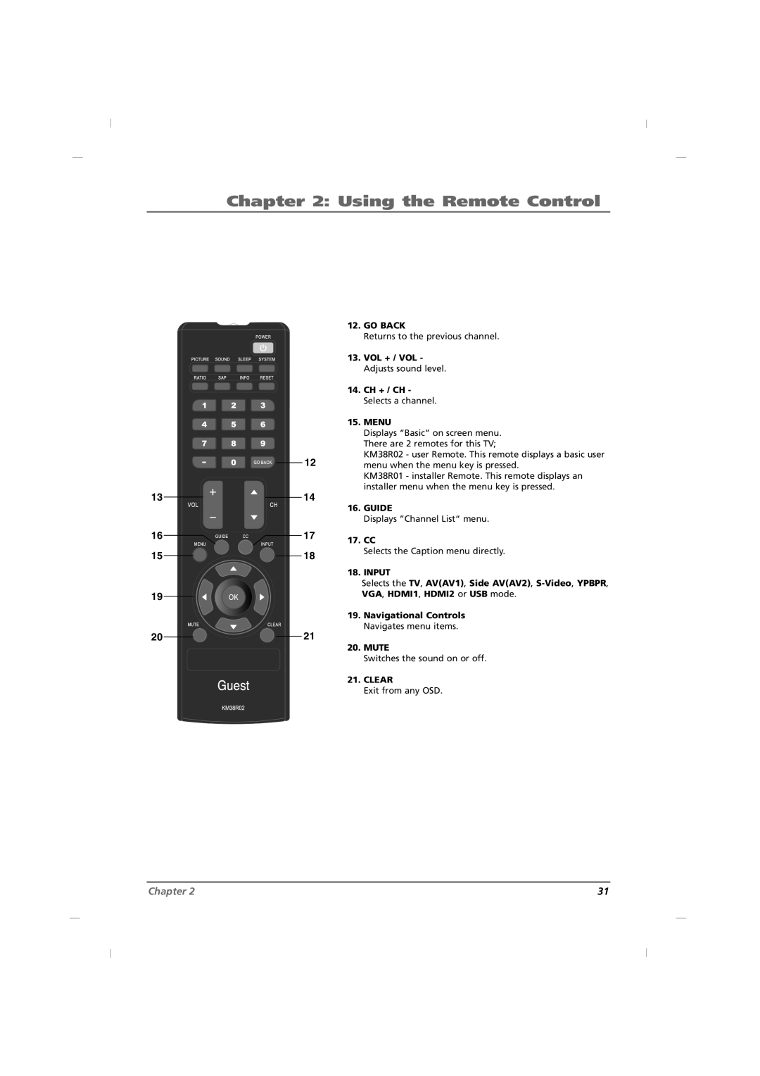 RCA J42HE820, J32HE720, J26HE820 manual Using the Remote Control, 17. CC, Selects the Caption menu directly, Mute 