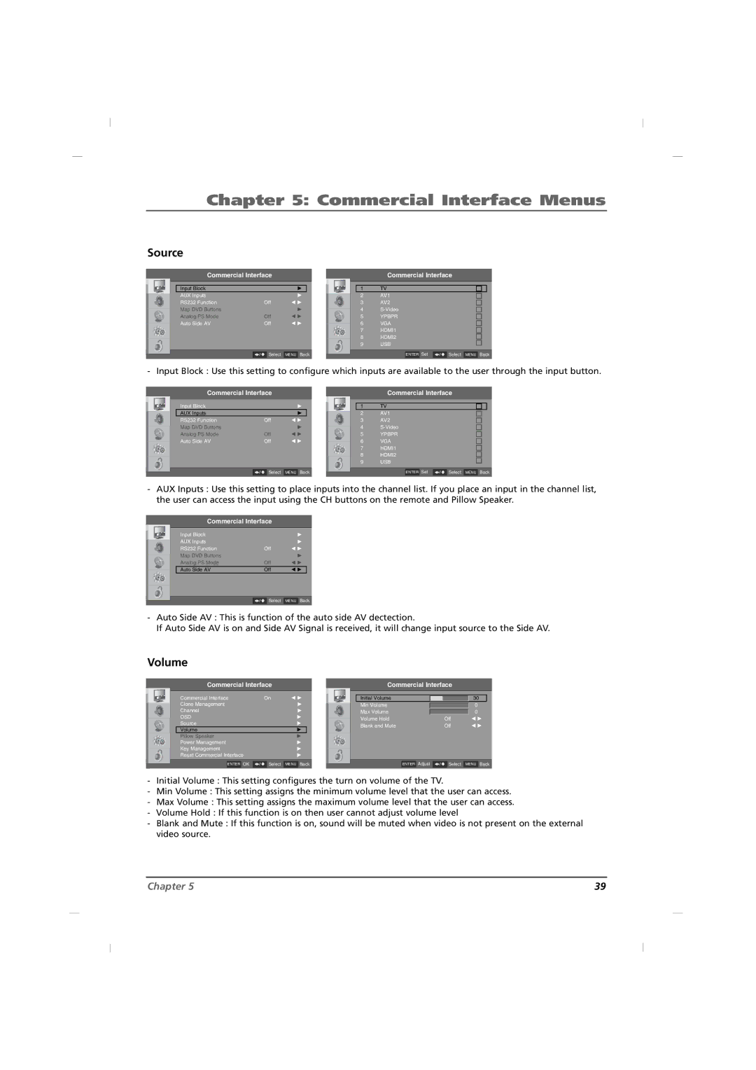 RCA J32HE720, J42HE820, J26HE820 manual Commercial Interface Menus, Source, Volume 