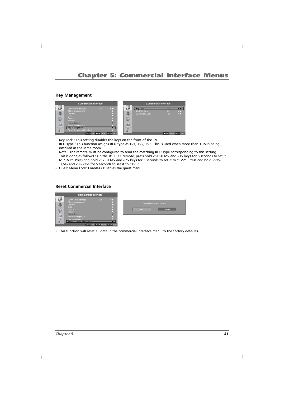 RCA J26HE820, J32HE720, J42HE820 manual Key Management, Reset Commercial Interface 