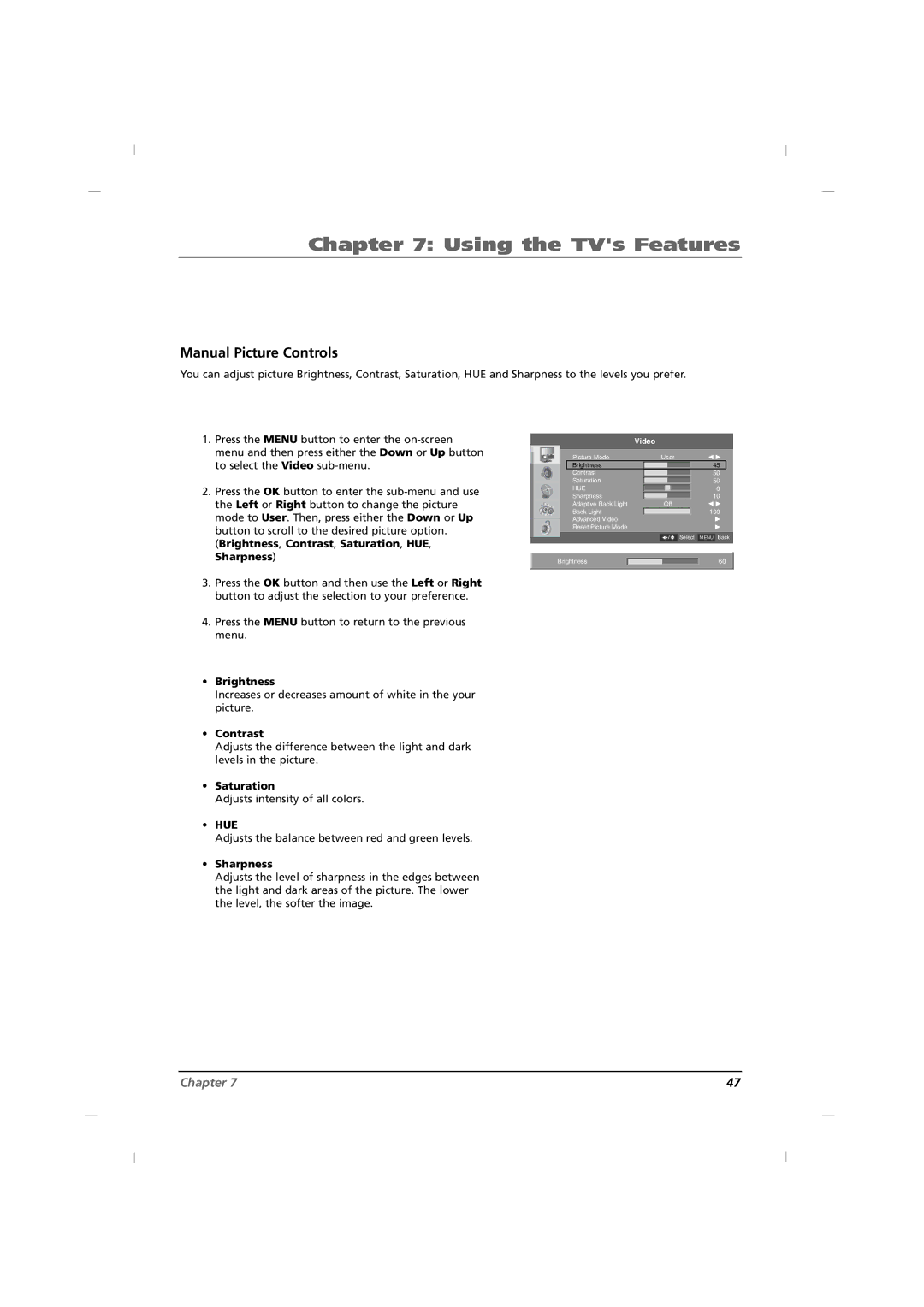 RCA J26HE820, J32HE720, J42HE820 manual Manual Picture Controls, Brightness, Contrast, Saturation, Sharpness 