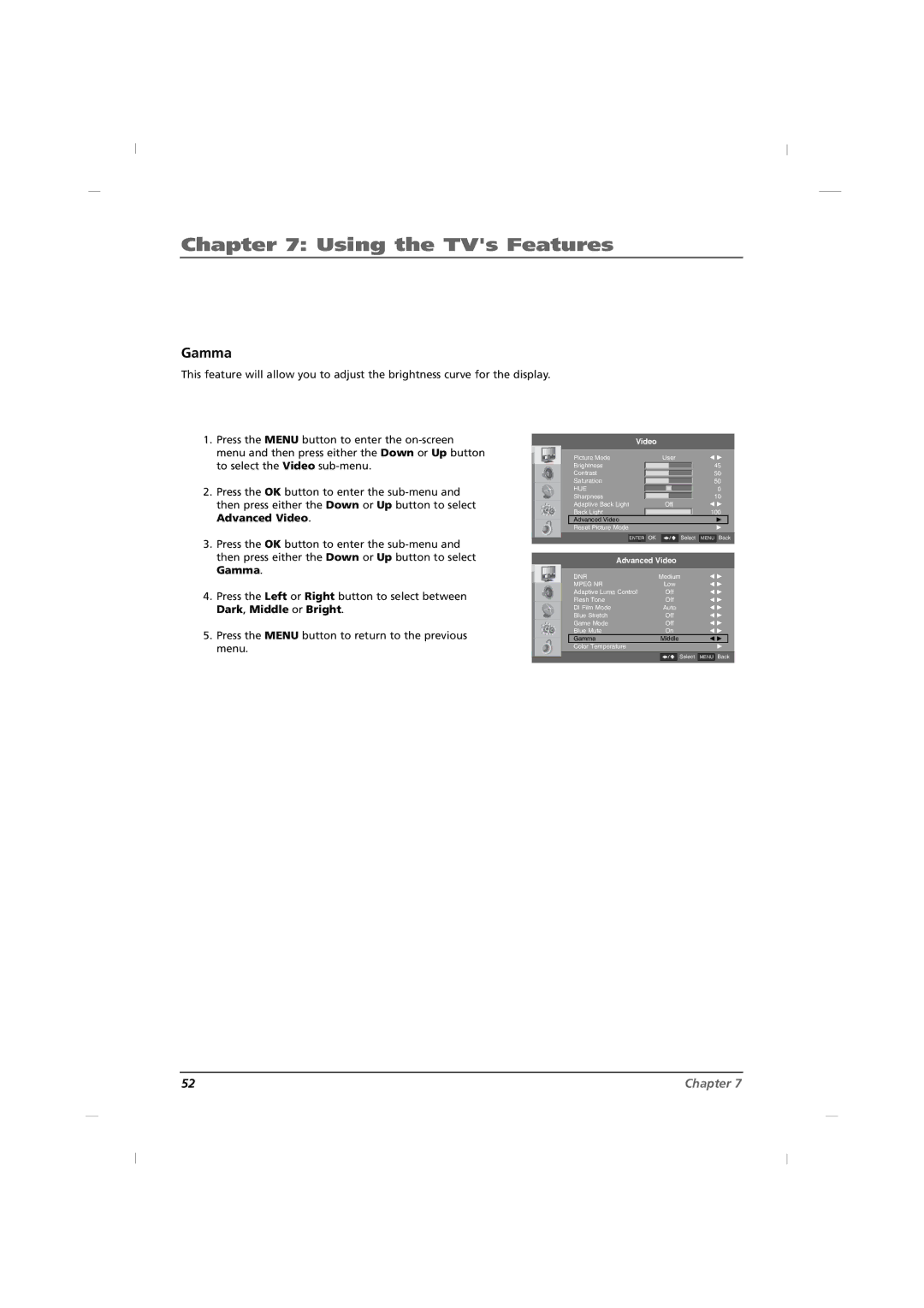 RCA J42HE820, J32HE720, J26HE820 manual Gamma 