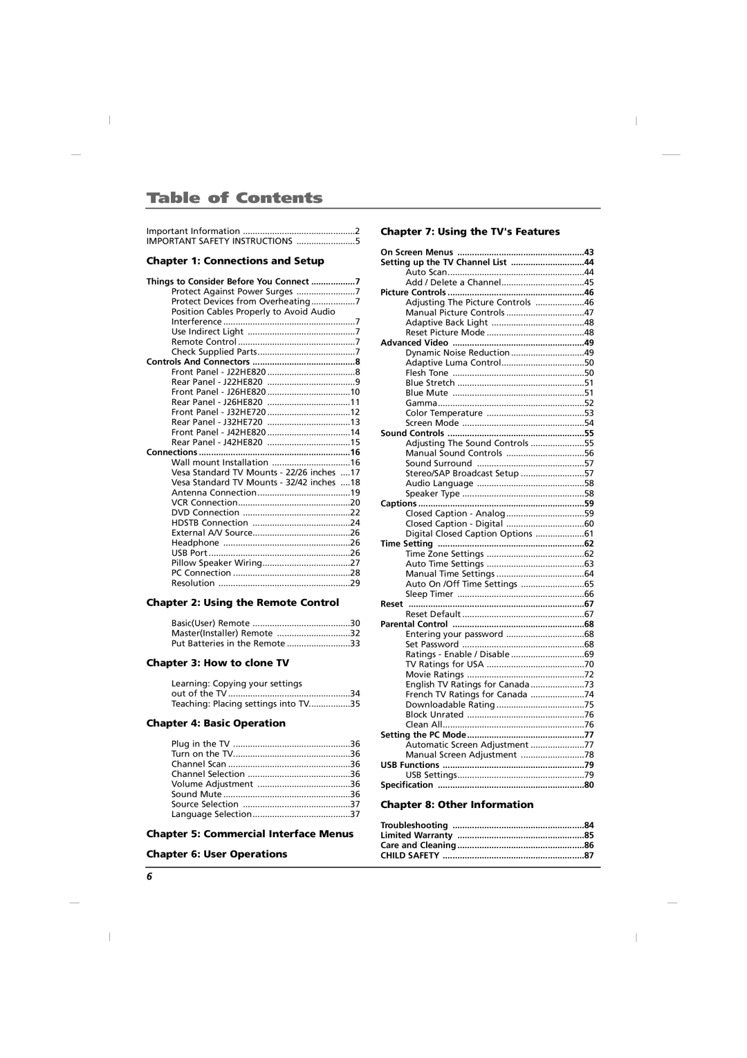 RCA J32HE720, J42HE820, J26HE820 manual Table of Contents 