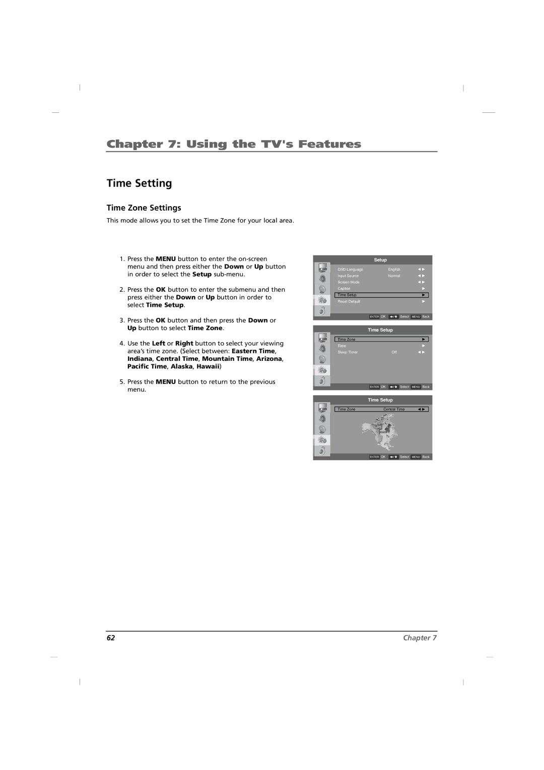 RCA J26HE820, J32HE720, J42HE820 manual Time Setting, Time Zone Settings 