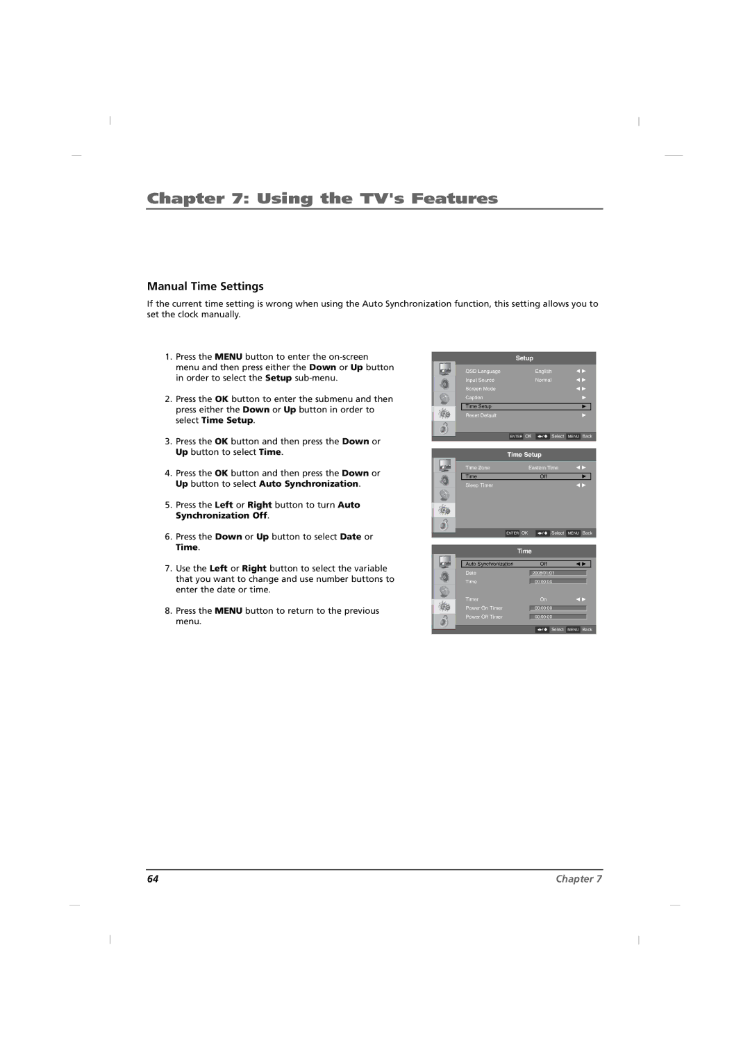 RCA J42HE820, J32HE720, J26HE820 manual Manual Time Settings 