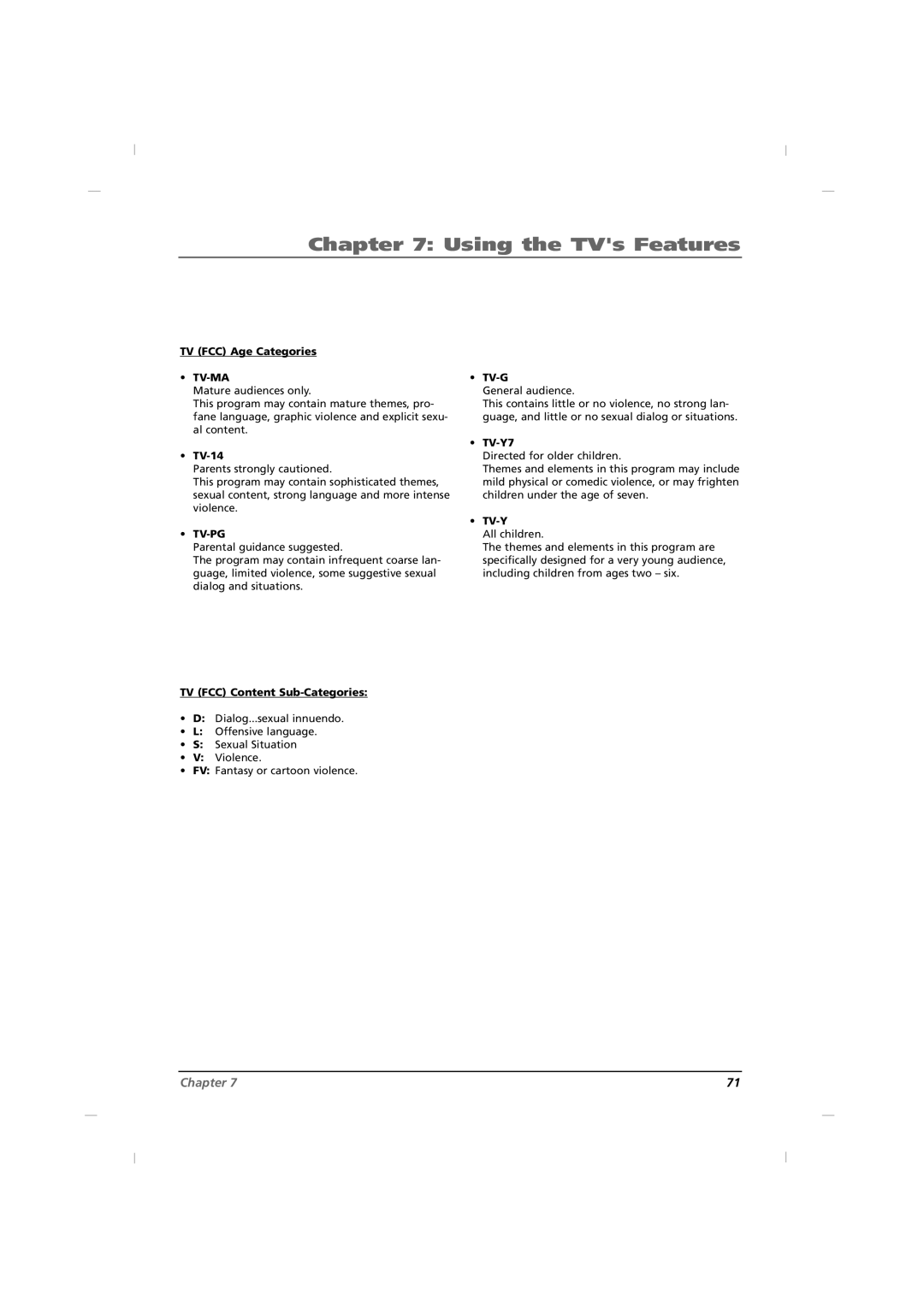 RCA J26HE820, J32HE720, J42HE820 manual TV FCC Age Categories, TV-14, TV FCC Content Sub-Categories, Tv-G, TV-Y7, Tv-Y 