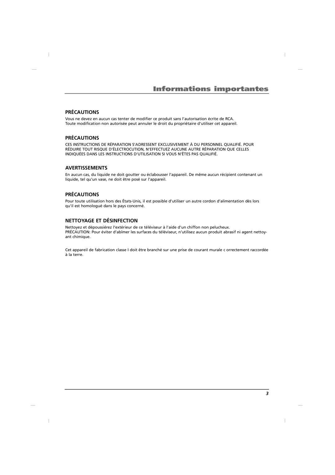 RCA J42HE820, J32HE720, J26HE820 manual Précautions 