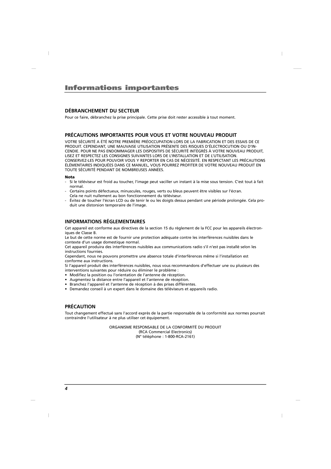 RCA J26HE820, J32HE720, J42HE820 manual Débranchement DU Secteur, Nota 