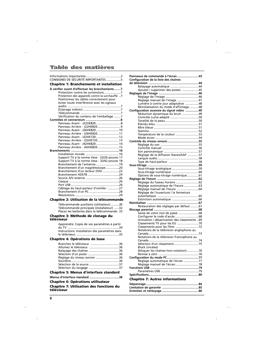 RCA J42HE820, J32HE720, J26HE820 manual Table des matières, Configuration de la liste des chaînes 