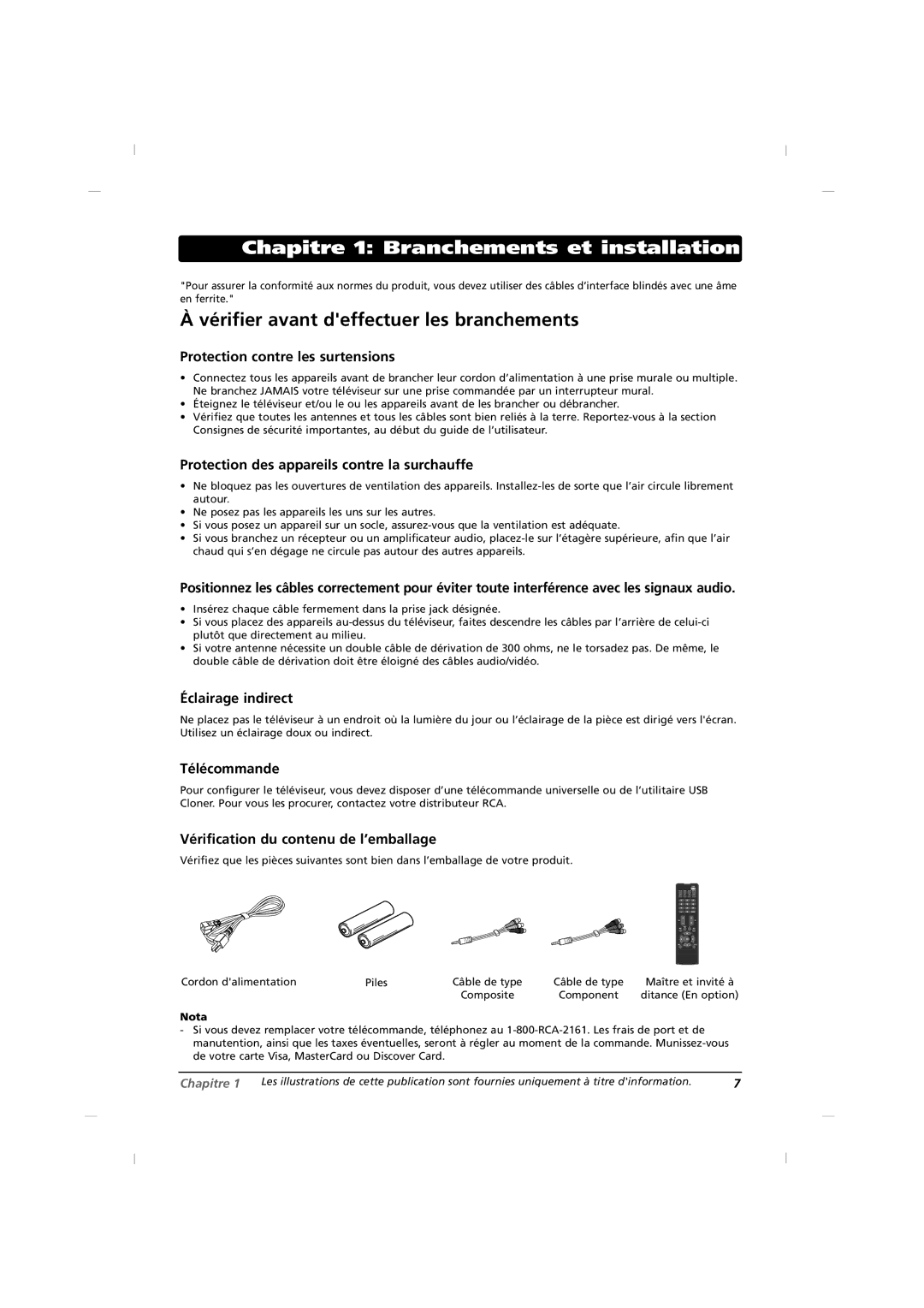 RCA J26HE820, J32HE720, J42HE820 manual Chapitre 1 Branchements et installation, Vérifier avant deffectuer les branchements 