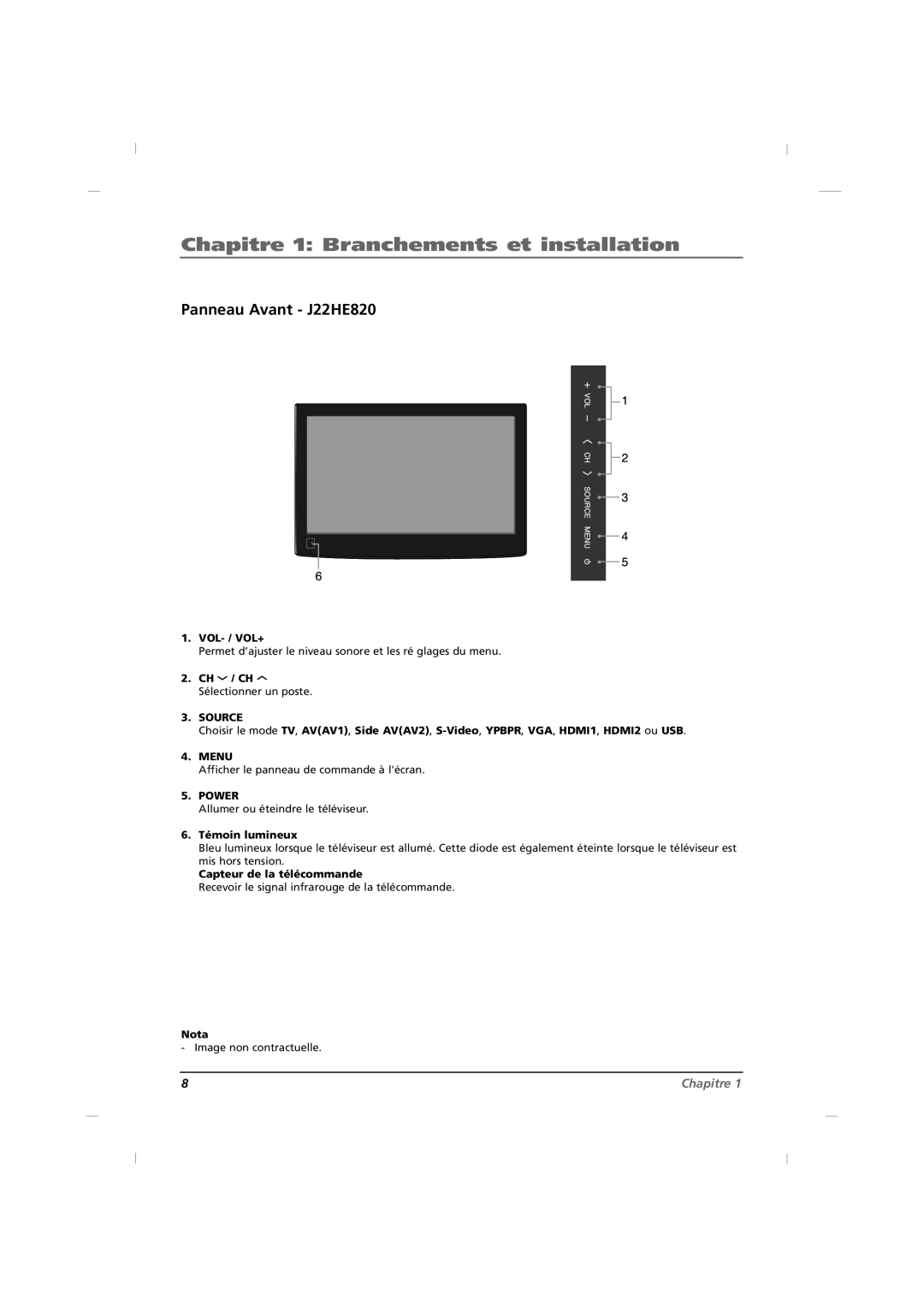 RCA J32HE720, J42HE820 manual Chapitre 1 Branchements et installation, Panneau Avant J22HE820, CH / CH Sélectionner un poste 