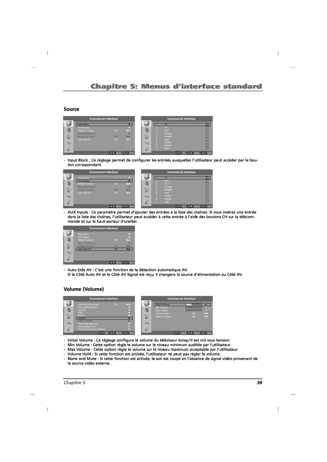 RCA J42HE820, J32HE720, J26HE820 manual Chapitre 5 Menus d’interface standard, Volume Volume, Source 
