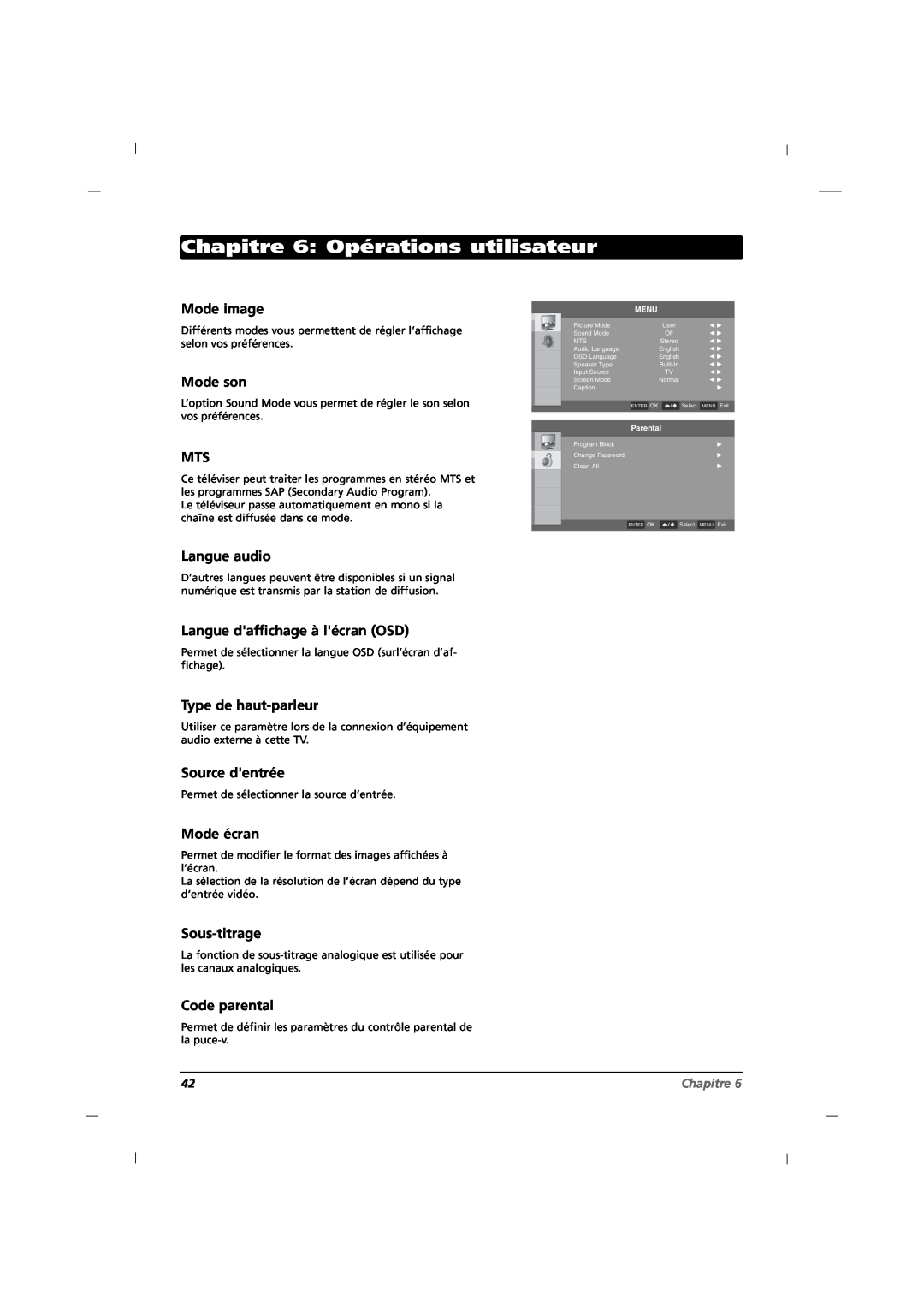 RCA J42HE820 manual Chapitre 6 Opérations utilisateur, Mode image, Mode son, Langue audio, Langue daffichage à lécran OSD 