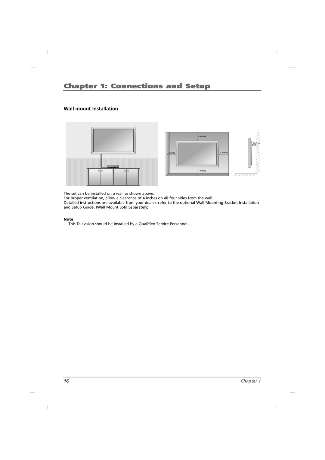 RCA J42HE820, J32HE720, J26HE820 manual Wall mount Installation, Connections and Setup, Chapter 