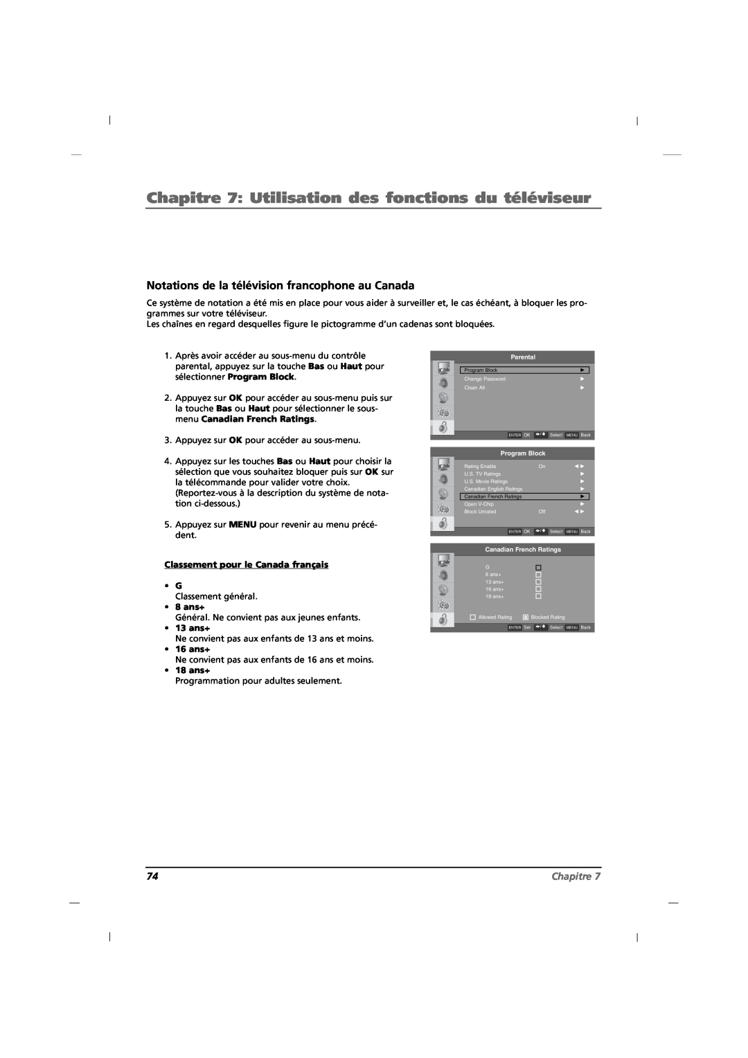 RCA J32HE720 manual Notations de la télévision francophone au Canada, Chapitre 7 Utilisation des fonctions du téléviseur 