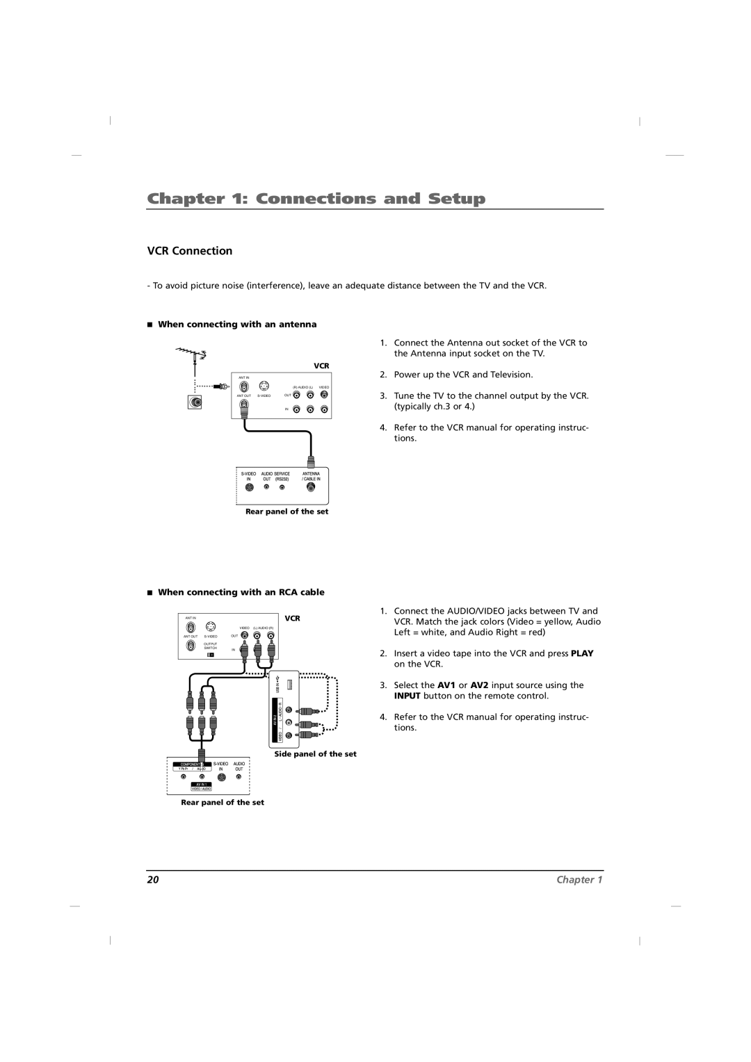 RCA J26HE820, J32HE720, J42HE820 manual VCR Connection, Connections and Setup, Chapter, A When connecting with an antenna 
