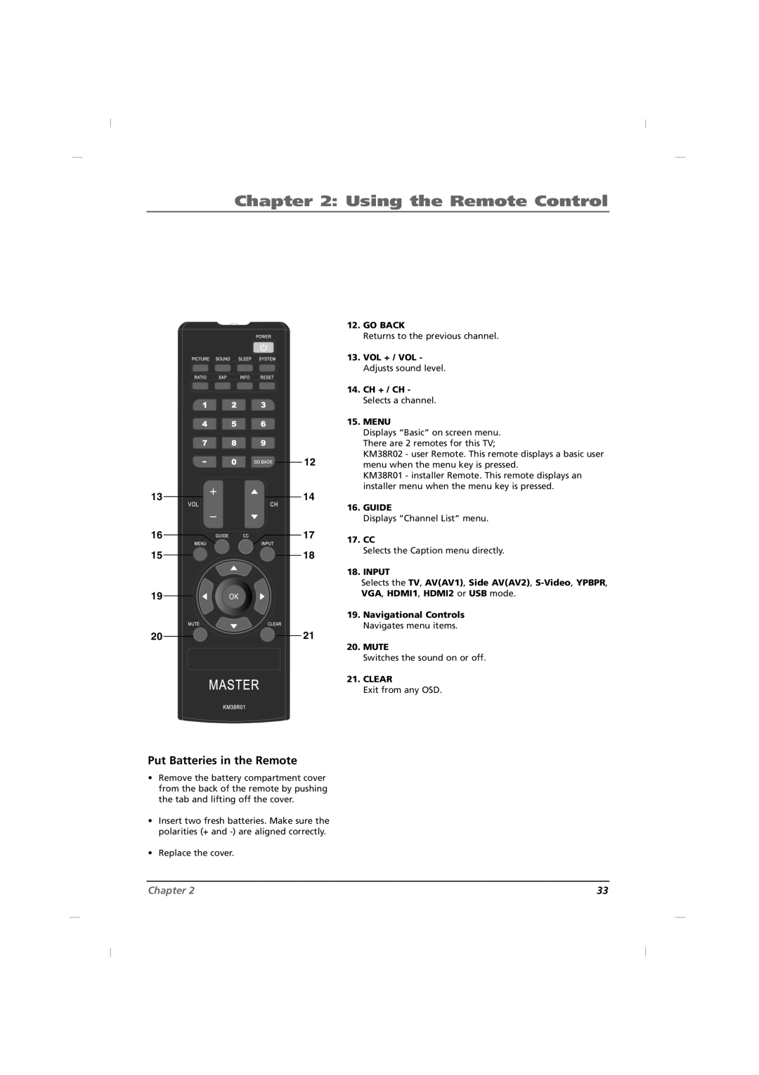 RCA J32HE720, J42HE820, J26HE820 manual Put Batteries in the Remote, Using the Remote Control, Chapter 