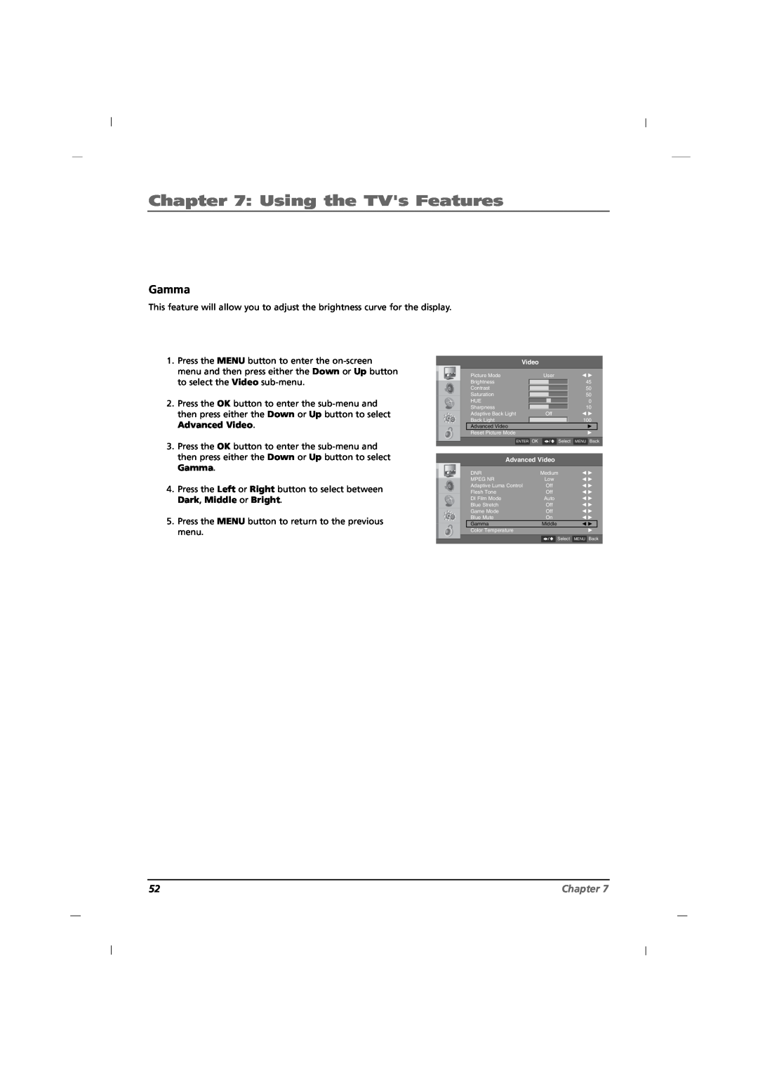RCA J42HE820, J32HE720, J26HE820 manual Gamma, Using the TVs Features, Chapter 
