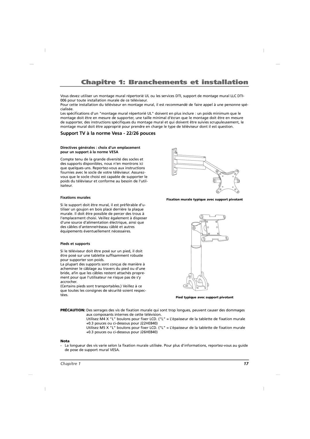 RCA J26HE840, J32HE740, J42HE840 manual Support TV à la norme Vesa 22/26 pouces, Fixations murales, Pieds et supports 