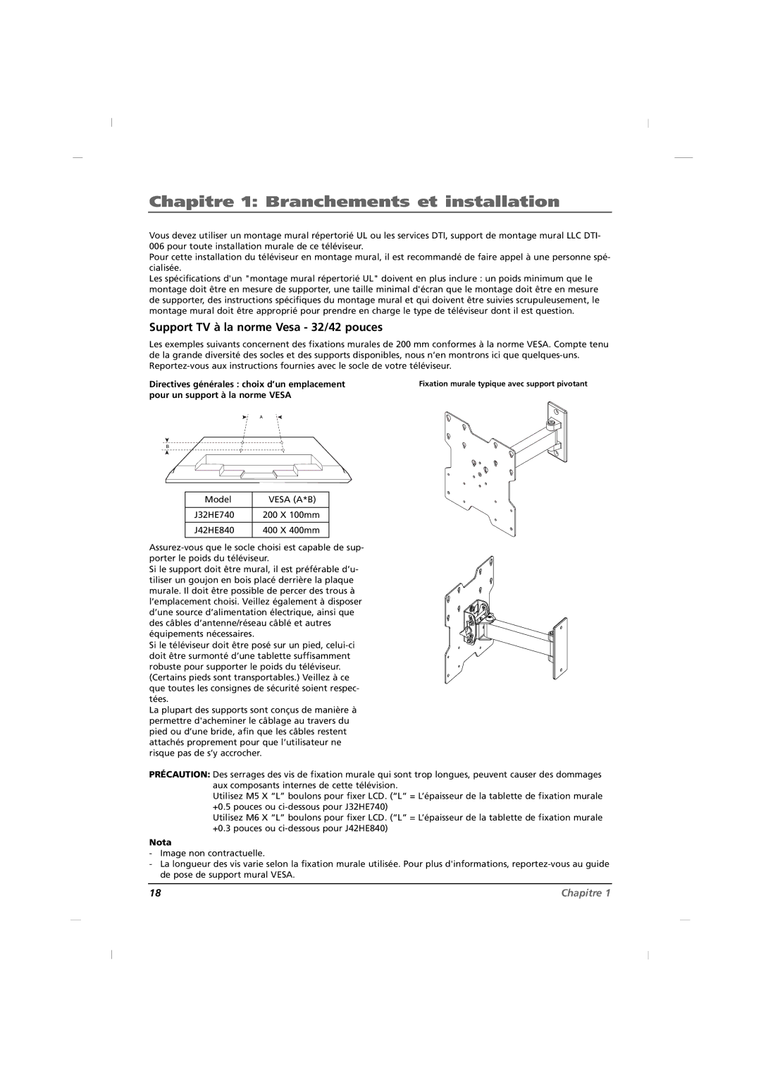 RCA J32HE740, J42HE840, J26HE840 manual Support TV à la norme Vesa 32/42 pouces, Directives générales choix d’un emplacement 