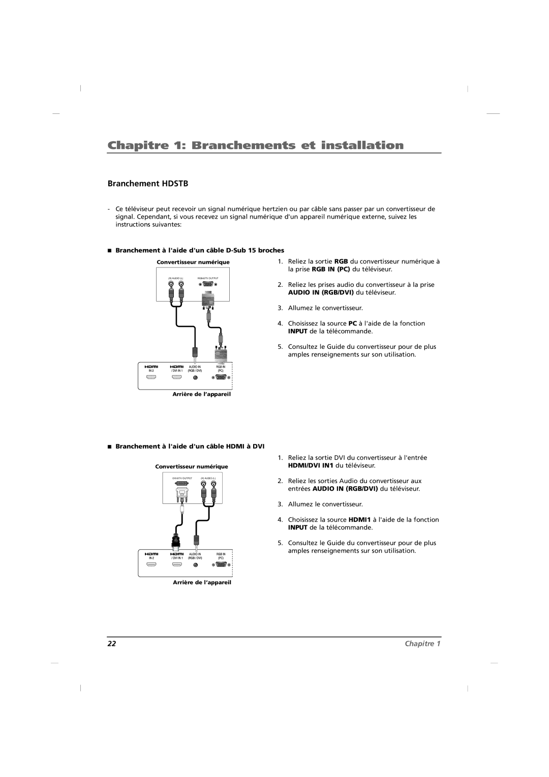 RCA J42HE840 Branchement Hdstb, Branchement à laide dun câble D-Sub 15 broches, Branchement à laide dun câble Hdmi à DVI 