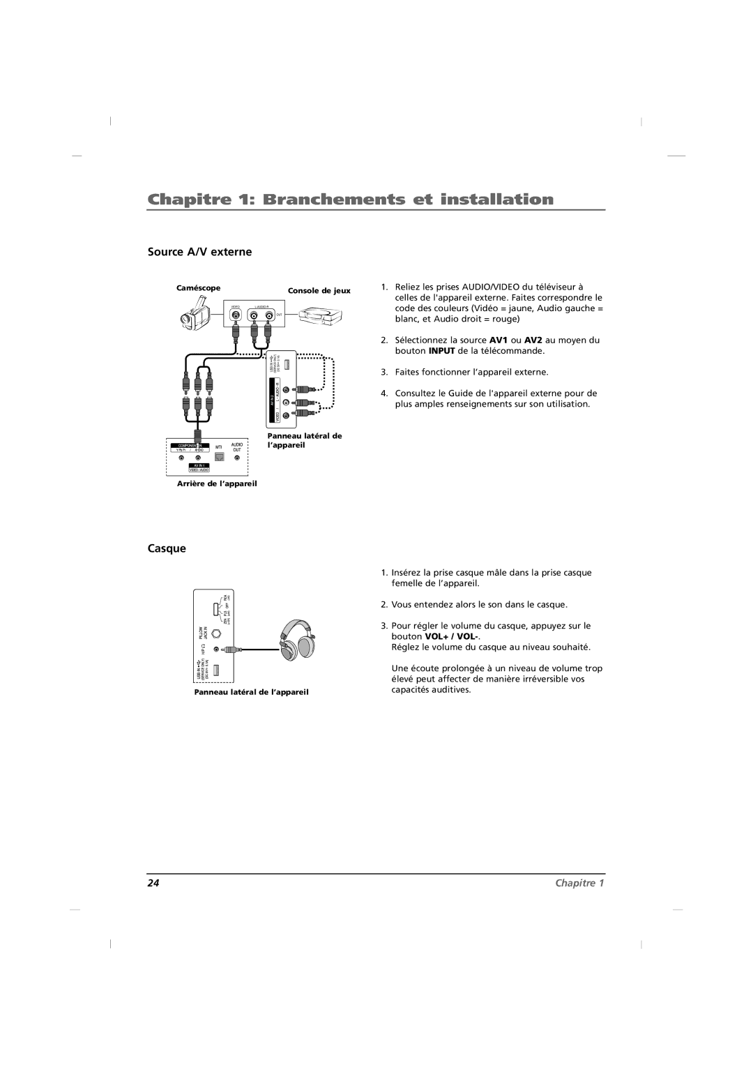 RCA J32HE740, J42HE840, J26HE840 manual Source A/V externe, Casque 