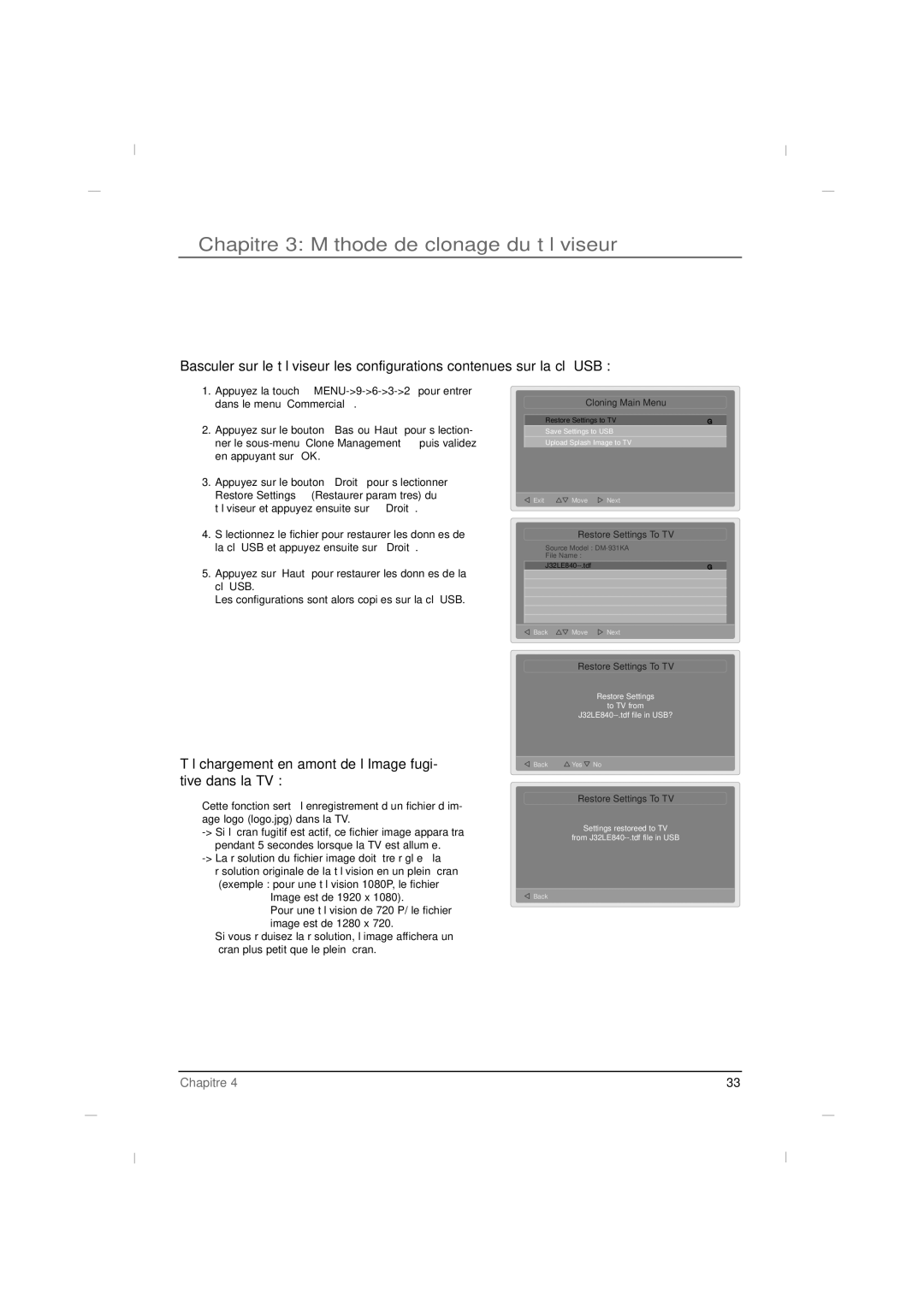 RCA J32HE740 manual Chapitre 3 Méthode de clonage du téléviseur, Téléchargement en amont de l’Image fugi- tive dans la TV 