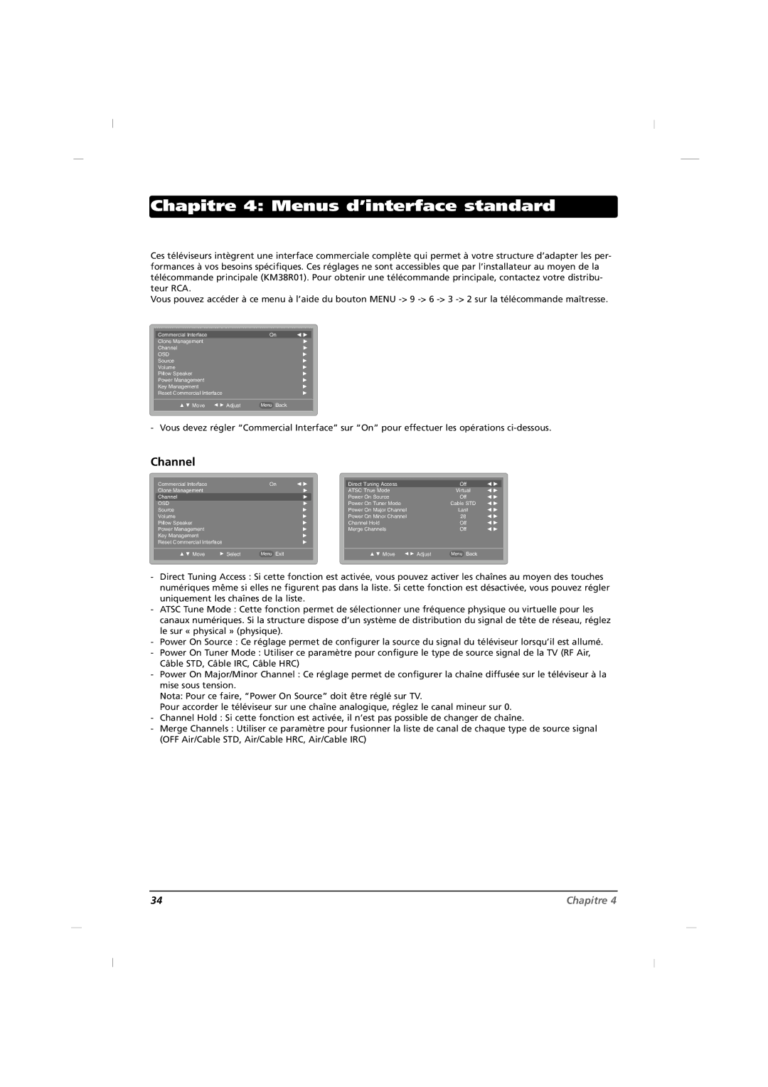 RCA J42HE840, J32HE740, J26HE840 manual Chapitre 4 Menus d’interface standard, Channel 