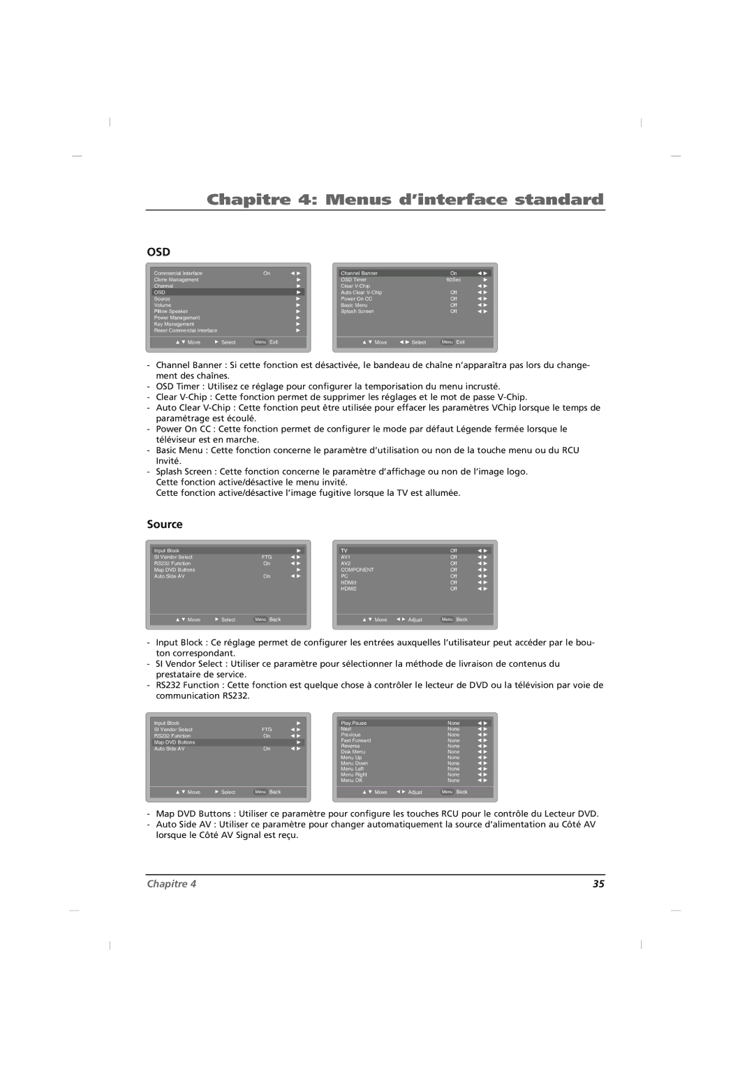 RCA J26HE840, J32HE740, J42HE840 manual Chapitre 4 Menus d’interface standard, Source 