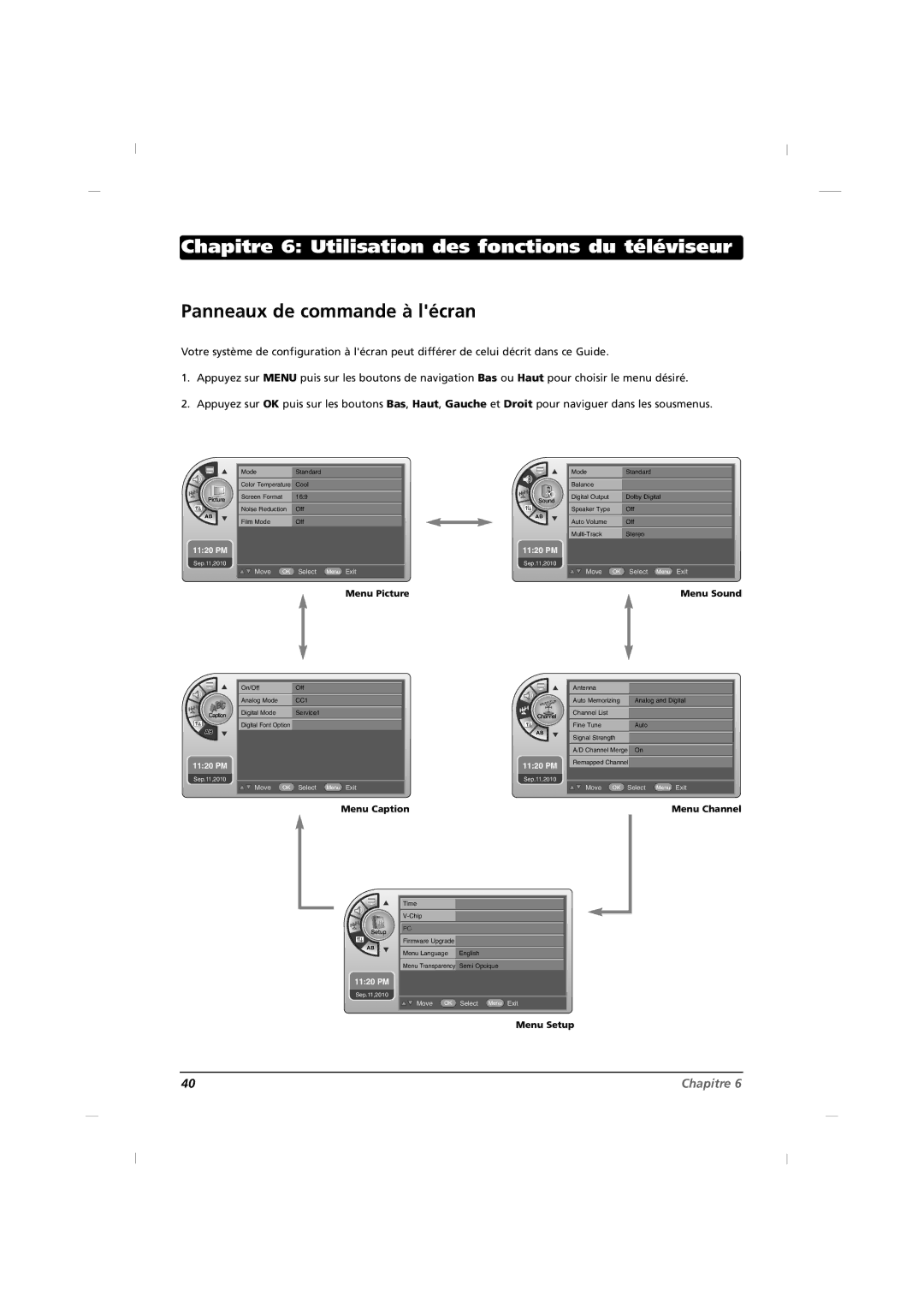 RCA J42HE840, J32HE740, J26HE840 manual Chapitre 6 Utilisation des fonctions du téléviseur, Panneaux de commande à lécran 