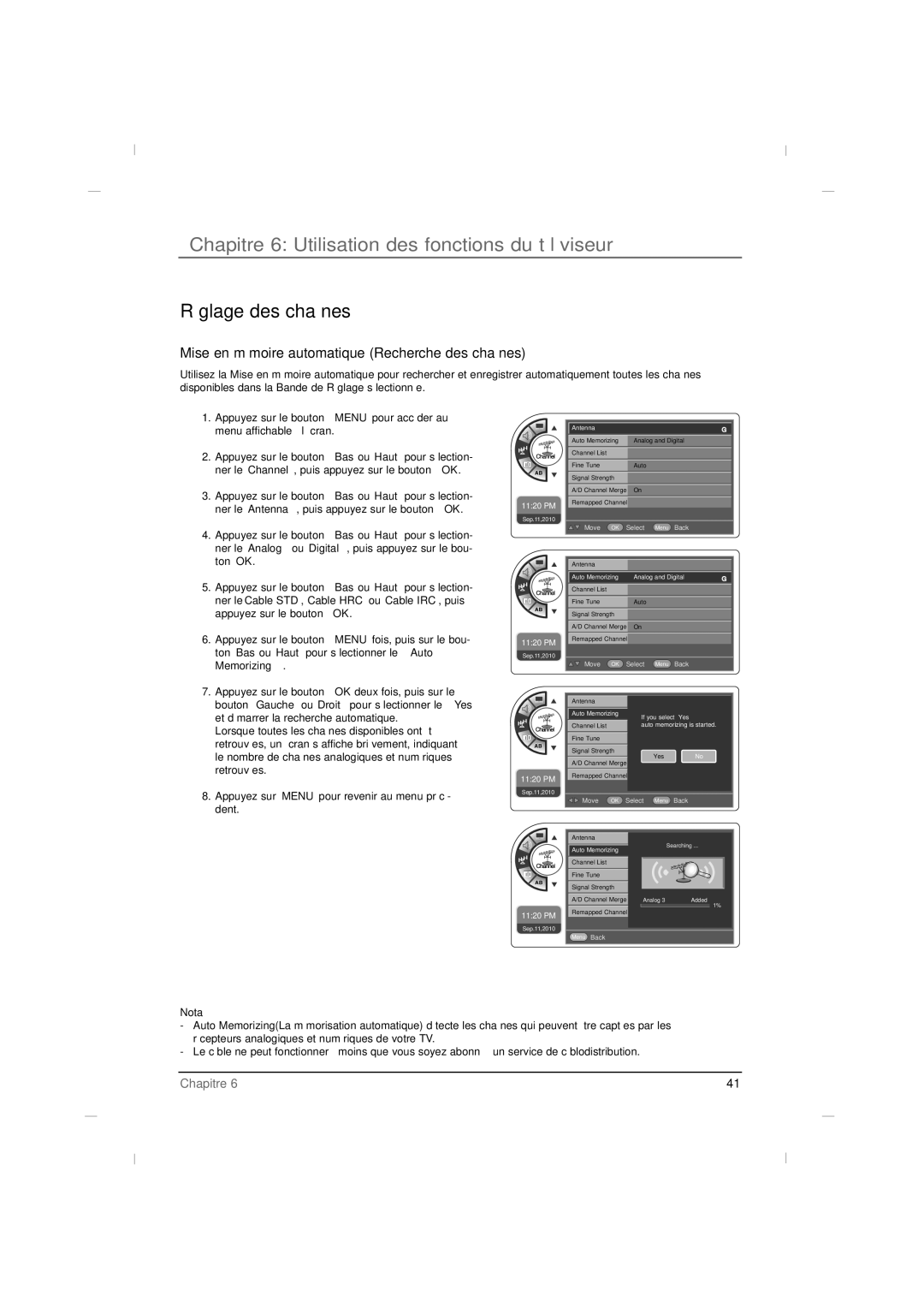 RCA J26HE840, J32HE740, J42HE840 manual Chapitre 6 Utilisation des fonctions du téléviseur, Réglage des chaînes, Memorizing 