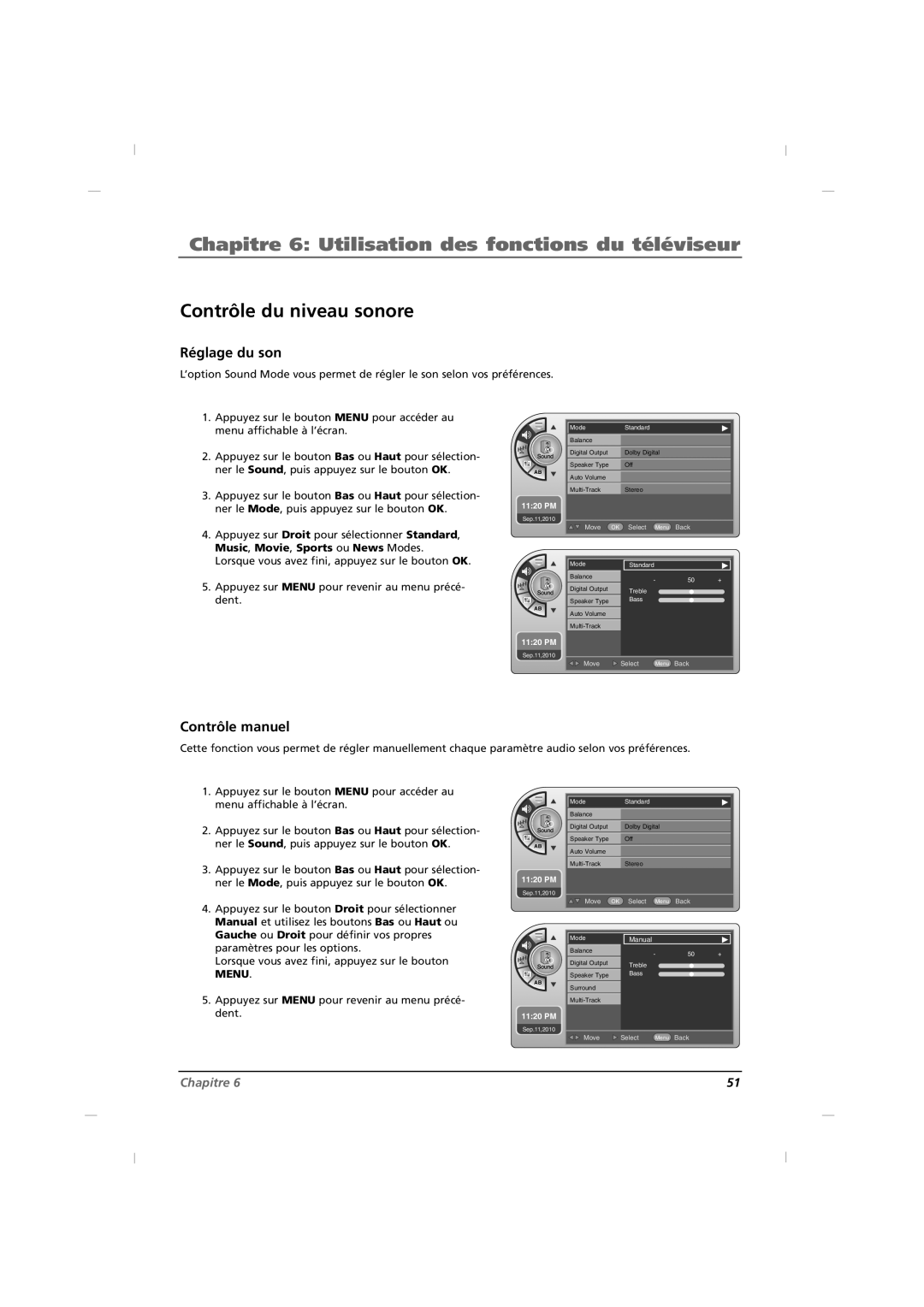 RCA J32HE740, J42HE840, J26HE840 manual Contrôle du niveau sonore, Réglage du son, Contrôle manuel 