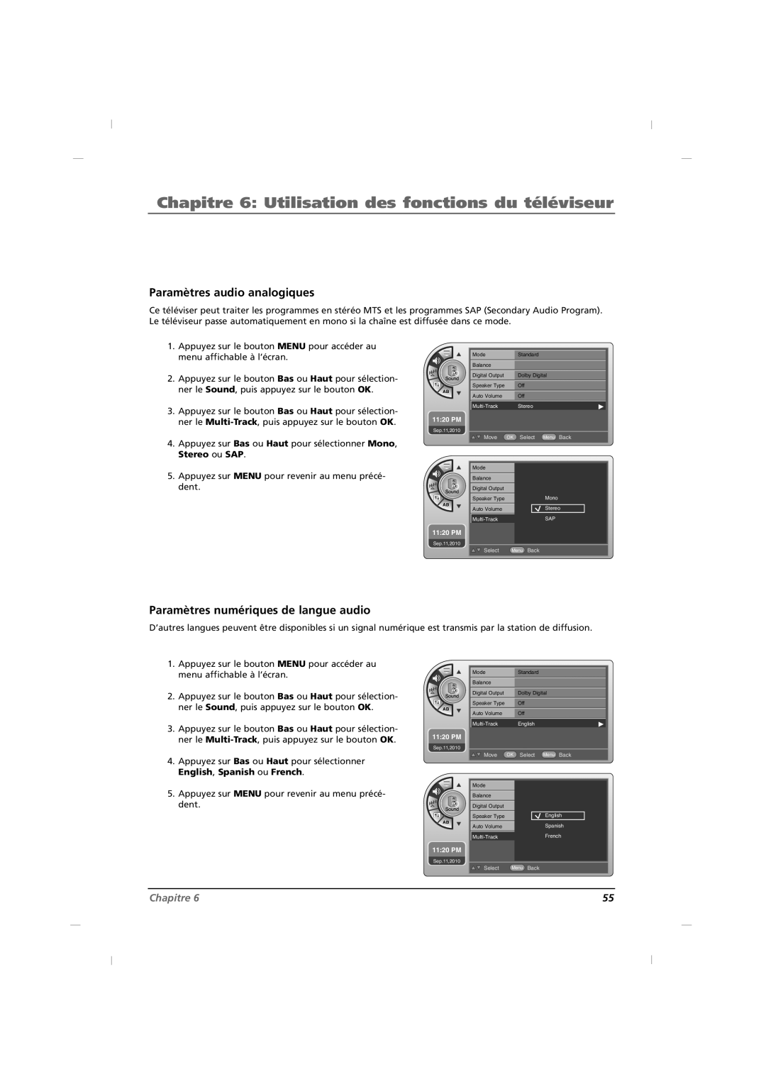 RCA J42HE840, J32HE740, J26HE840 manual Paramètres audio analogiques, Paramètres numériques de langue audio 