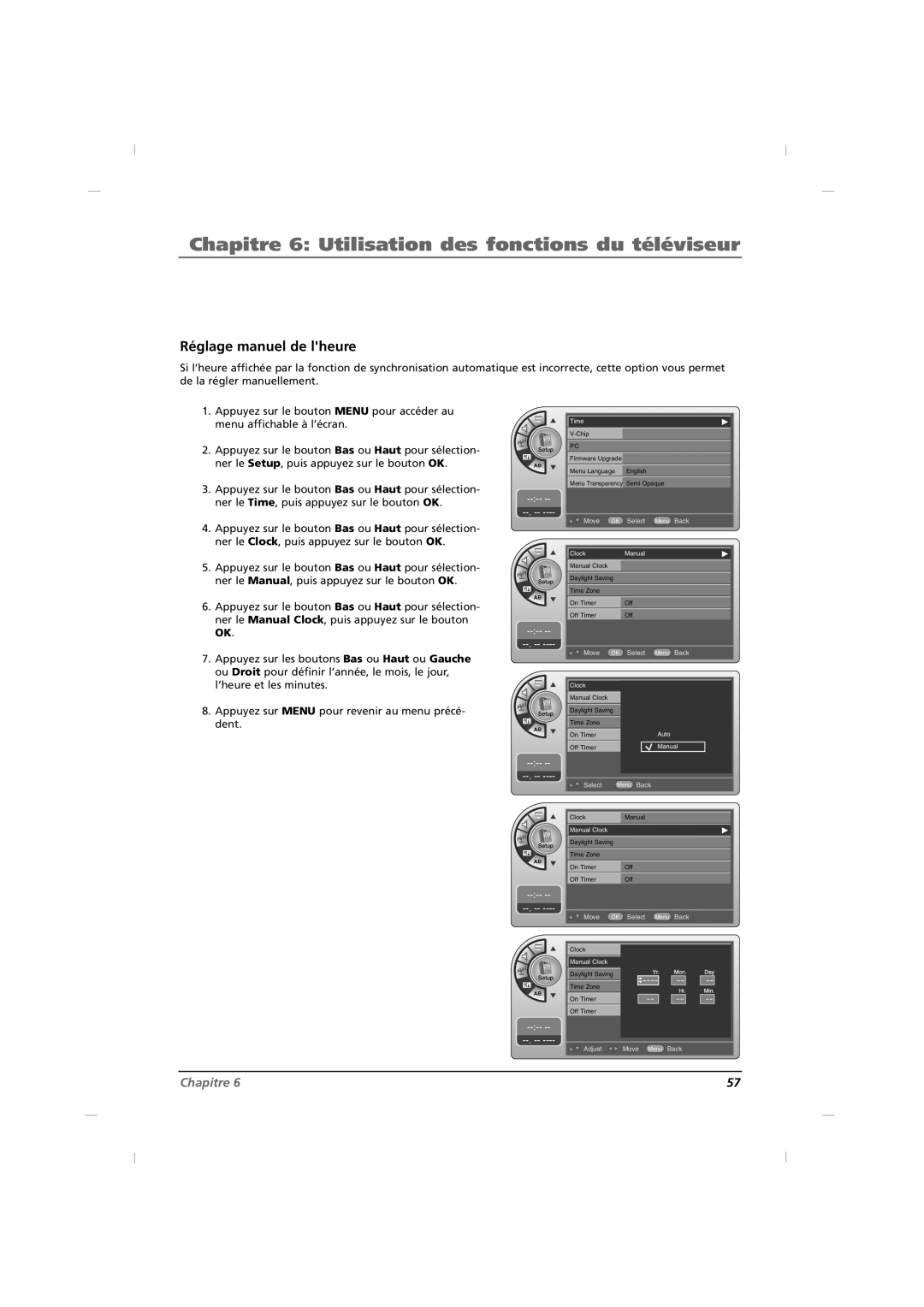 RCA J32HE740, J42HE840, J26HE840 manual Réglage manuel de lheure 