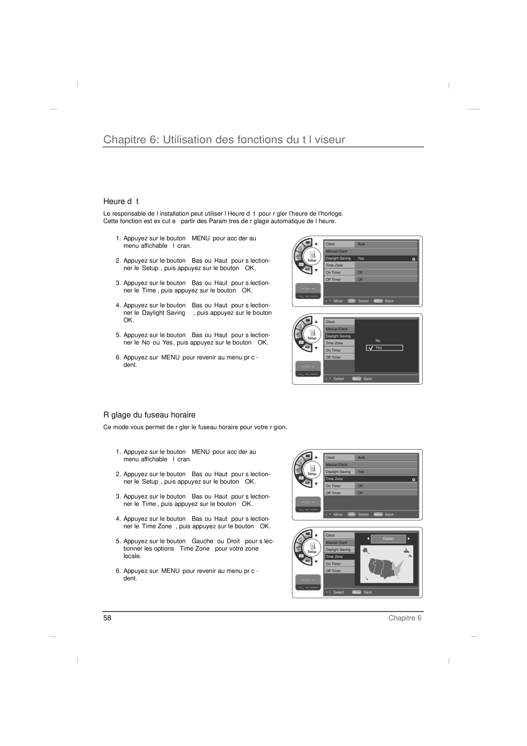 RCA J42HE840, J32HE740, J26HE840 manual Heure d’été, Réglage du fuseau horaire 